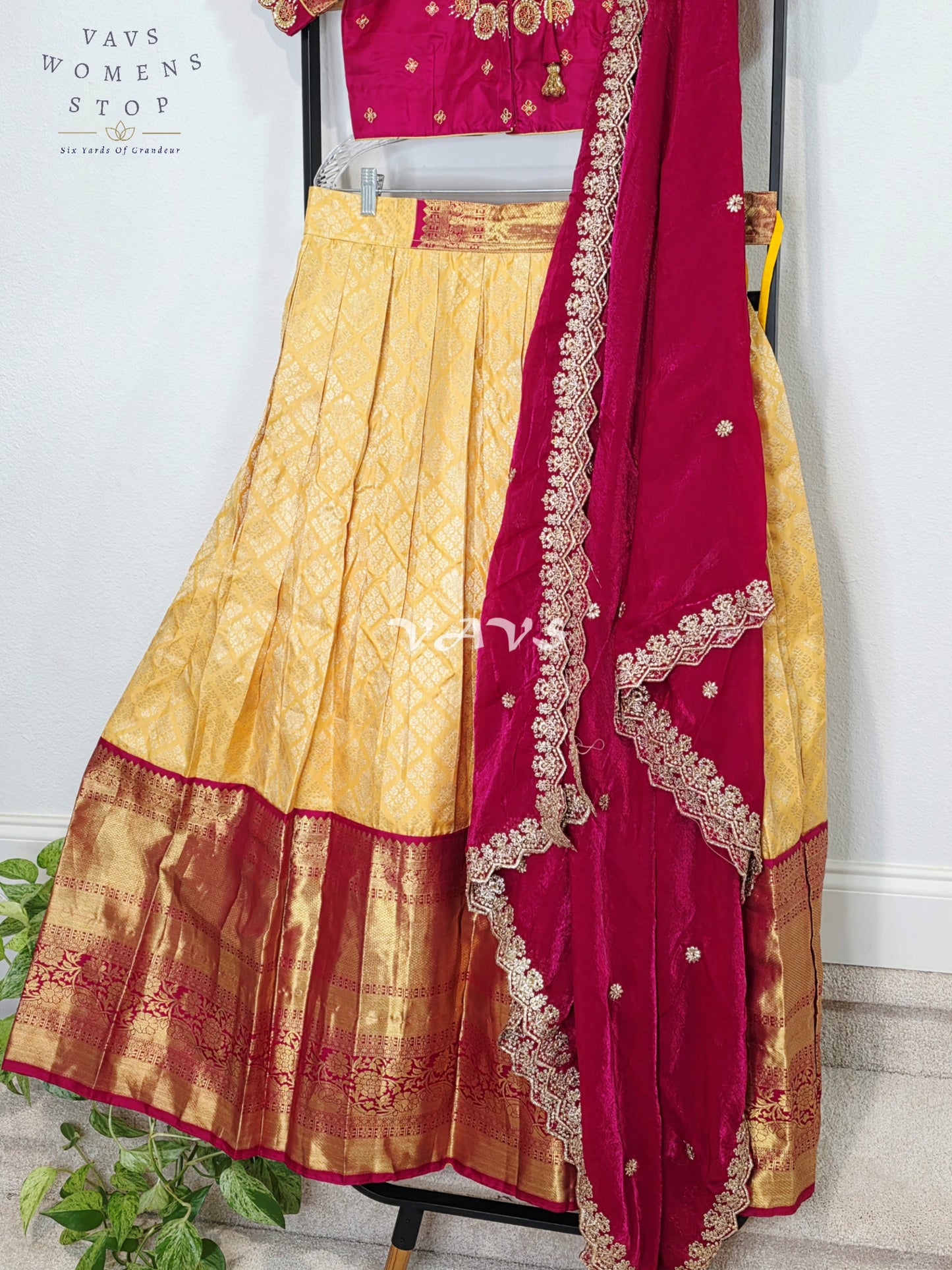Royal Buttercream Gold Pure Kanchi Pattu Half Saree Lehenga Set with Royal Wine Maroon Space Silk Dupatta