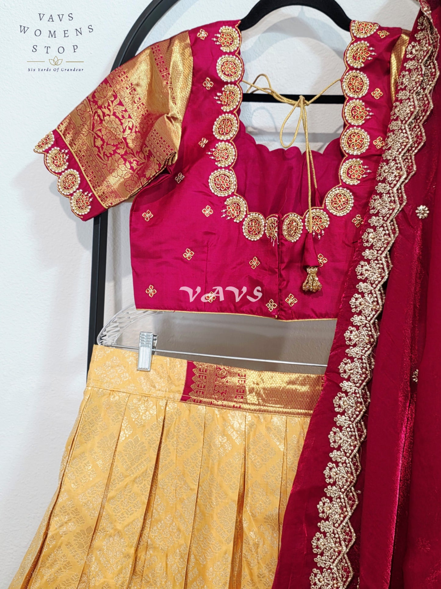 Royal Buttercream Gold Pure Kanchi Pattu Half Saree Lehenga Set with Royal Wine Maroon Space Silk Dupatta