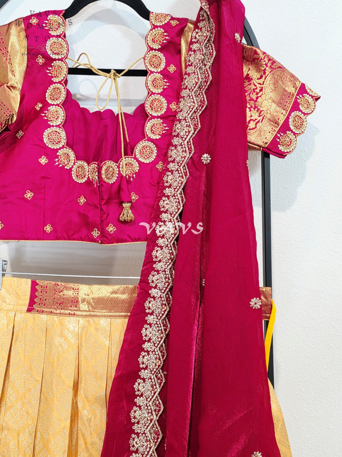 Royal Buttercream Gold Pure Kanchi Pattu Half Saree Lehenga Set with Royal Wine Maroon Space Silk Dupatta