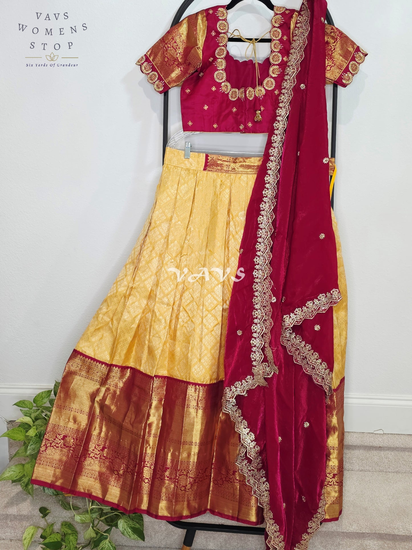 Royal Buttercream Gold Pure Kanchi Pattu Half Saree Lehenga Set with Royal Wine Maroon Space Silk Dupatta