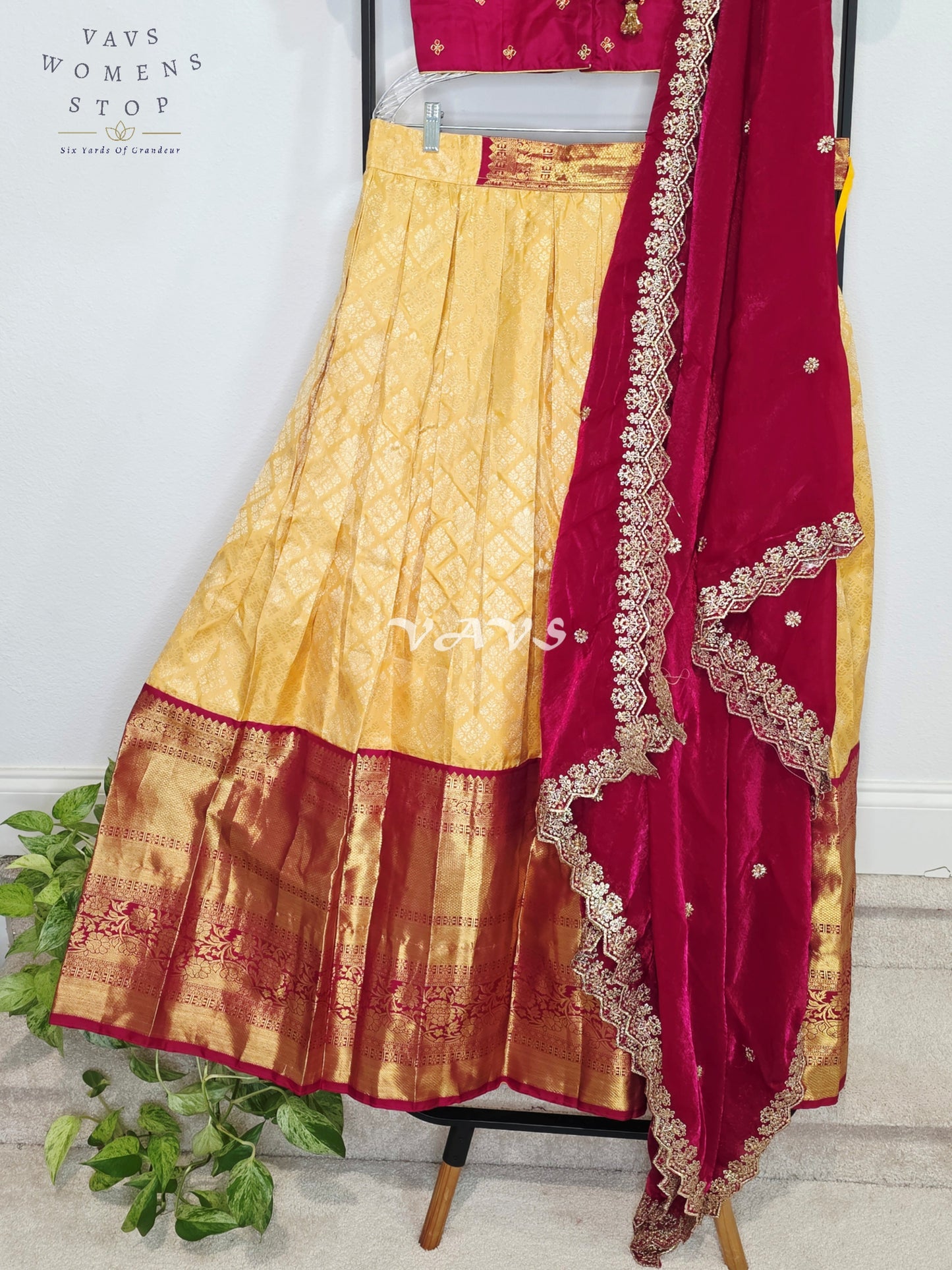 Royal Buttercream Gold Pure Kanchi Pattu Half Saree Lehenga Set with Royal Wine Maroon Space Silk Dupatta