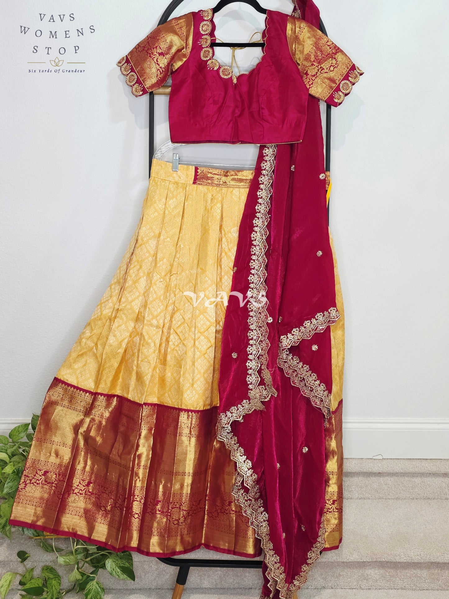 Royal Buttercream Gold Pure Kanchi Pattu Half Saree Lehenga Set with Royal Wine Maroon Space Silk Dupatta