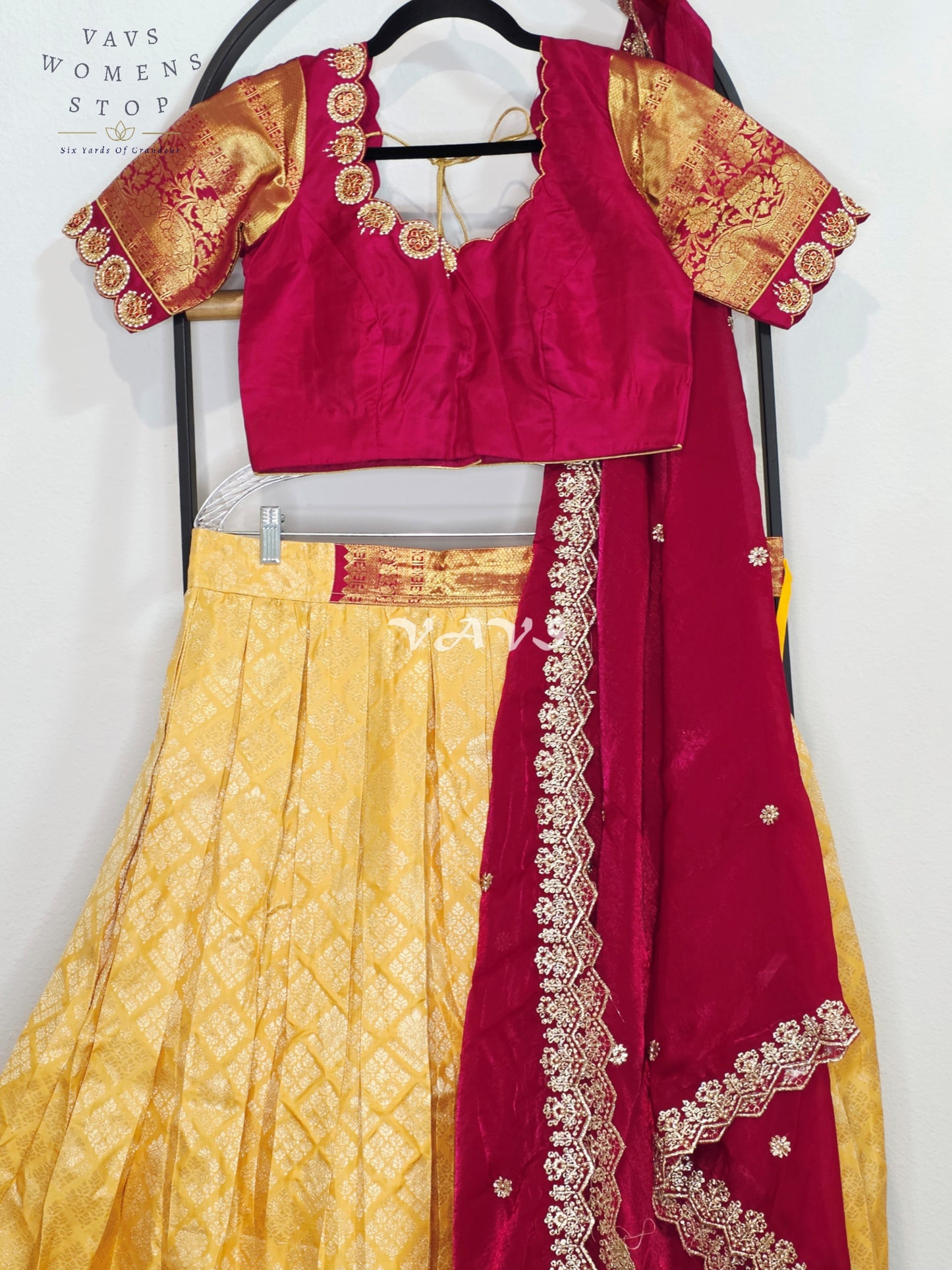 Royal Buttercream Gold Pure Kanchi Pattu Half Saree Lehenga Set with Royal Wine Maroon Space Silk Dupatta