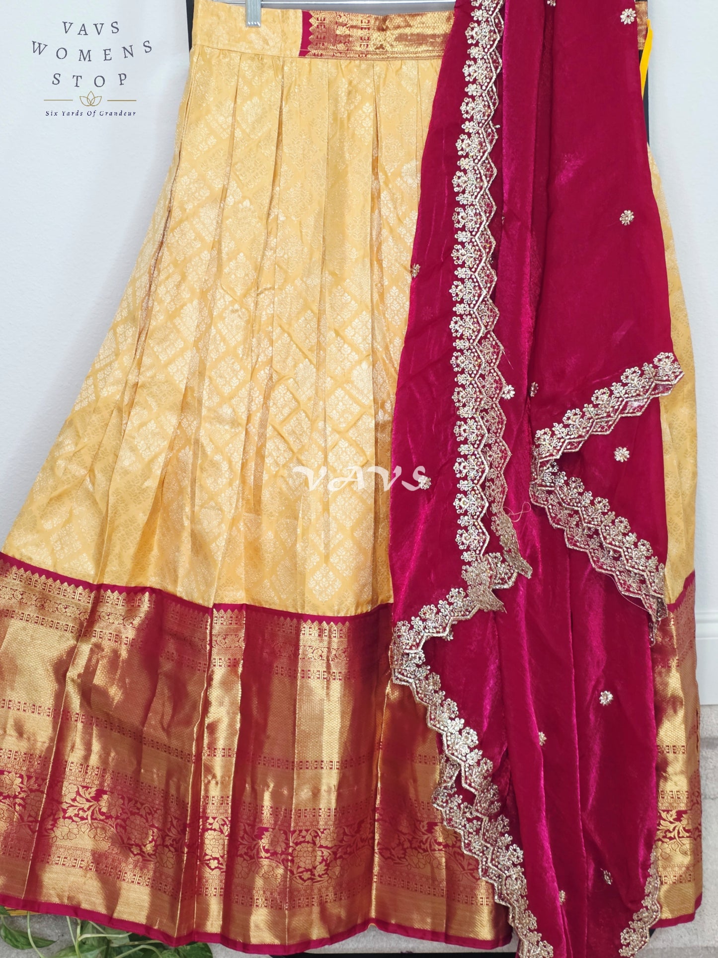 Royal Buttercream Gold Pure Kanchi Pattu Half Saree Lehenga Set with Royal Wine Maroon Space Silk Dupatta