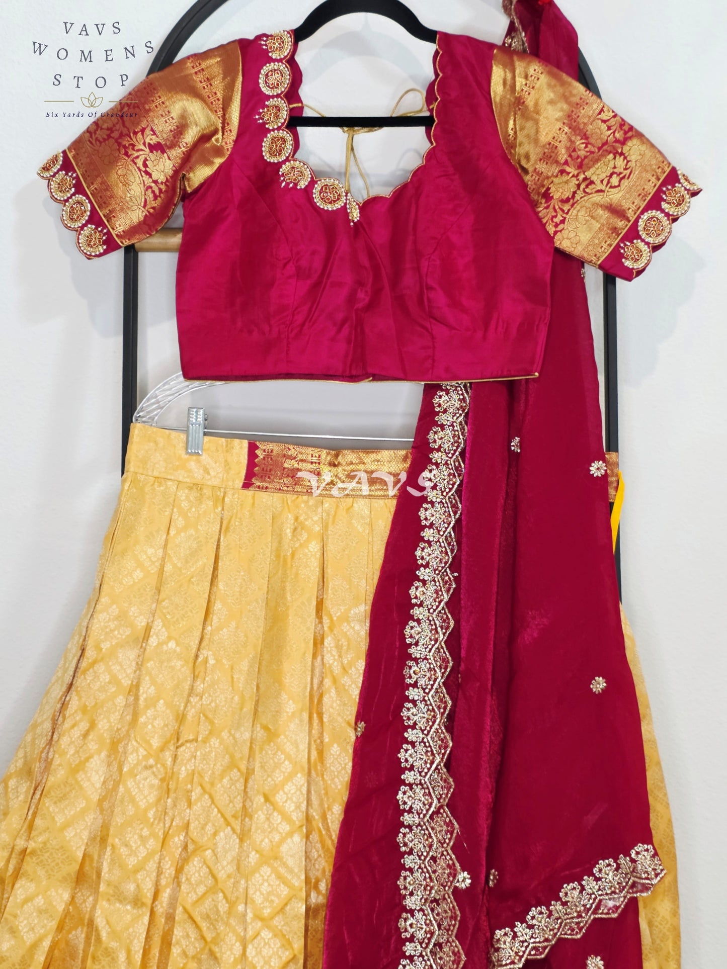 Royal Buttercream Gold Pure Kanchi Pattu Half Saree Lehenga Set with Royal Wine Maroon Space Silk Dupatta