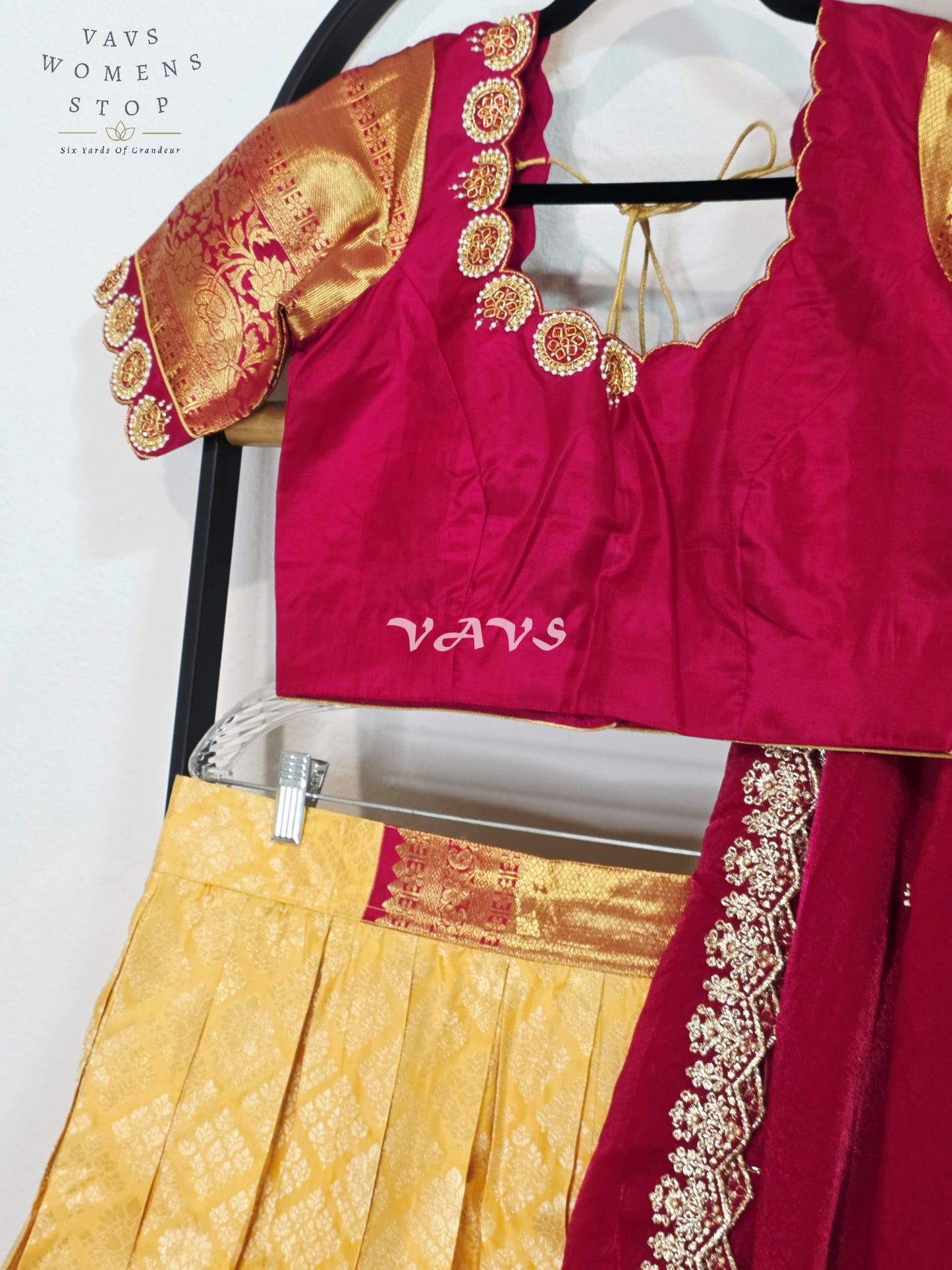 Royal Buttercream Gold Pure Kanchi Pattu Half Saree Lehenga Set with Royal Wine Maroon Space Silk Dupatta