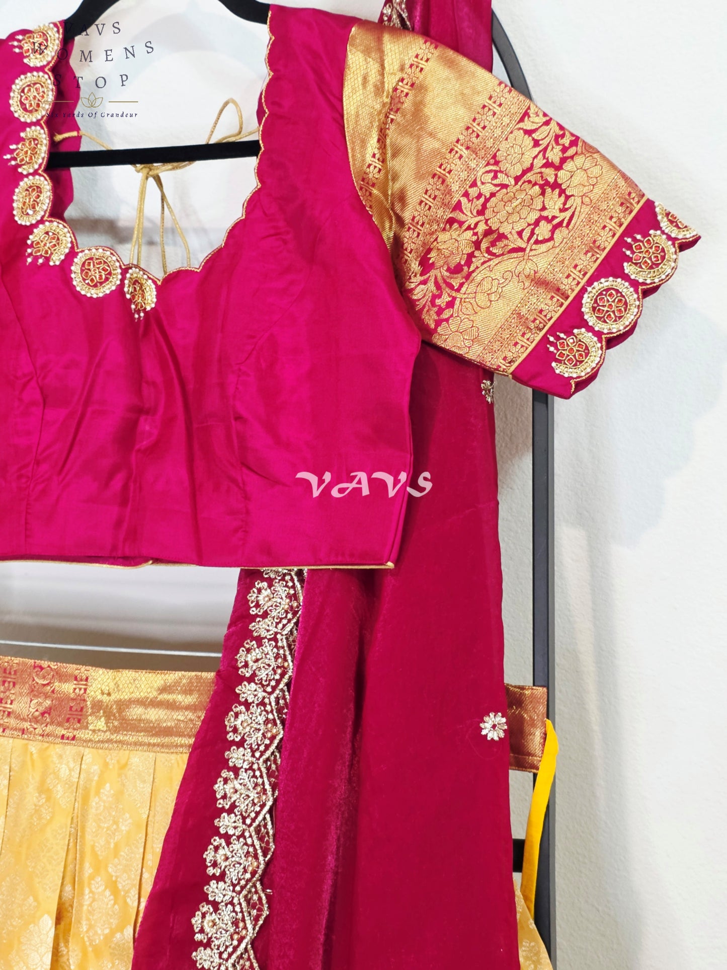 Royal Buttercream Gold Pure Kanchi Pattu Half Saree Lehenga Set with Royal Wine Maroon Space Silk Dupatta