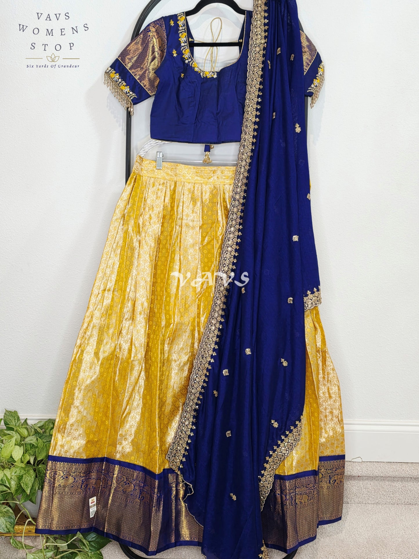 Royal Sunshine Yellow Pure Kanchi Pattu Half Saree Lehenga Set with Sapphire Blue Chinon Silk Dupatta