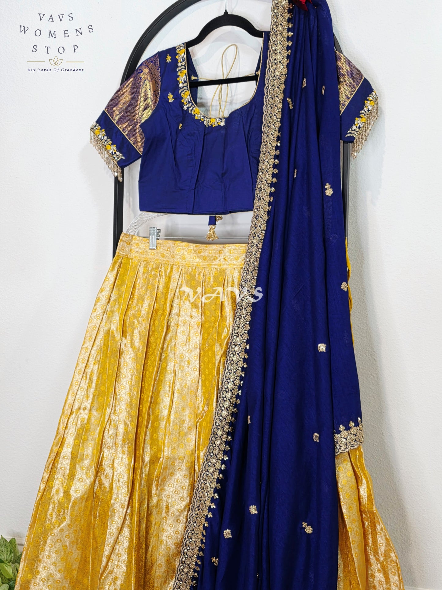 Royal Sunshine Yellow Pure Kanchi Pattu Half Saree Lehenga Set with Sapphire Blue Chinon Silk Dupatta