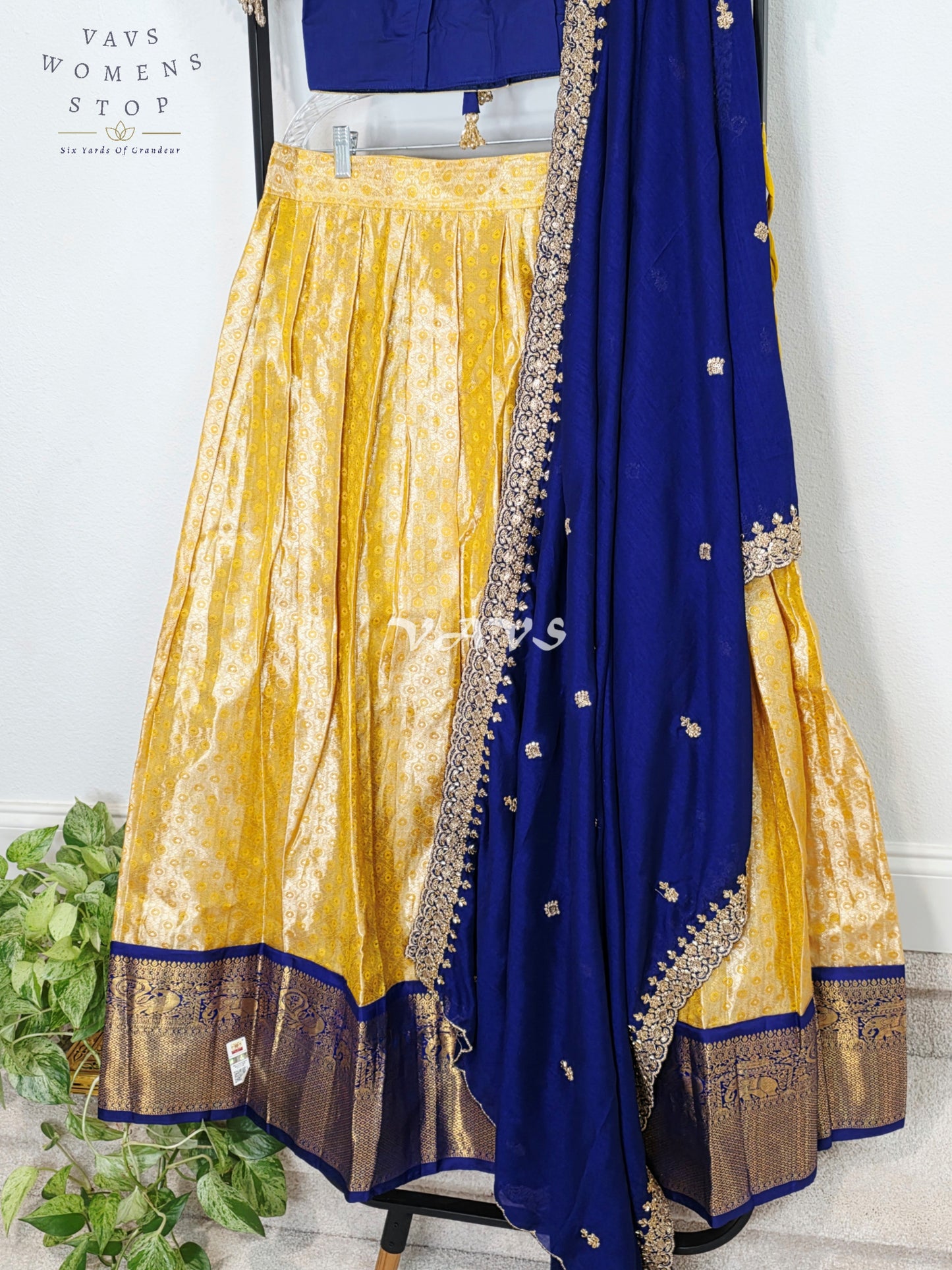 Royal Sunshine Yellow Pure Kanchi Pattu Half Saree Lehenga Set with Sapphire Blue Chinon Silk Dupatta