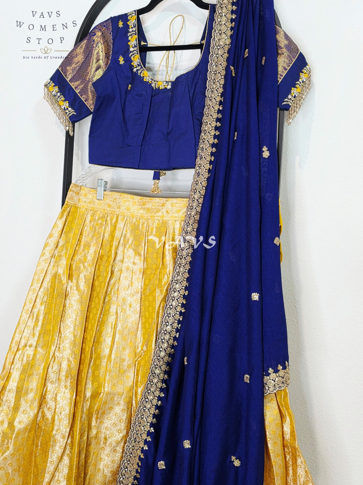 Royal Sunshine Yellow Pure Kanchi Pattu Half Saree Lehenga Set with Sapphire Blue Chinon Silk Dupatta