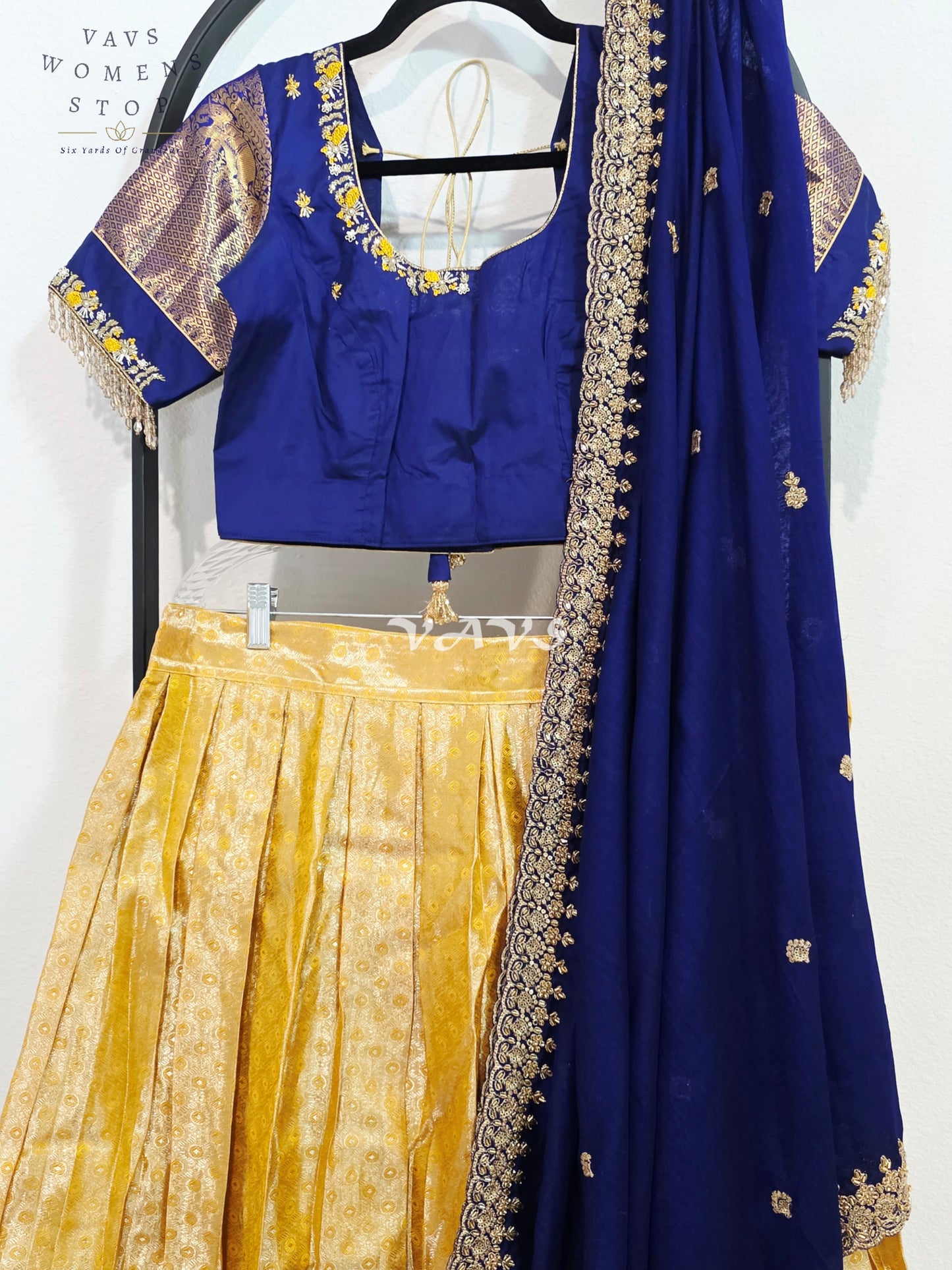 Royal Sunshine Yellow Pure Kanchi Pattu Half Saree Lehenga Set with Sapphire Blue Chinon Silk Dupatta
