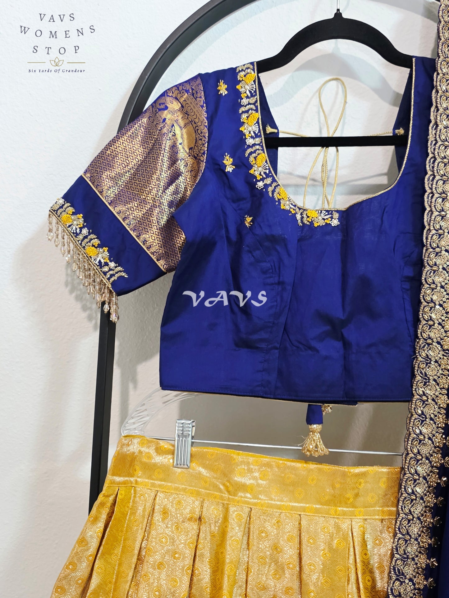 Royal Sunshine Yellow Pure Kanchi Pattu Half Saree Lehenga Set with Sapphire Blue Chinon Silk Dupatta