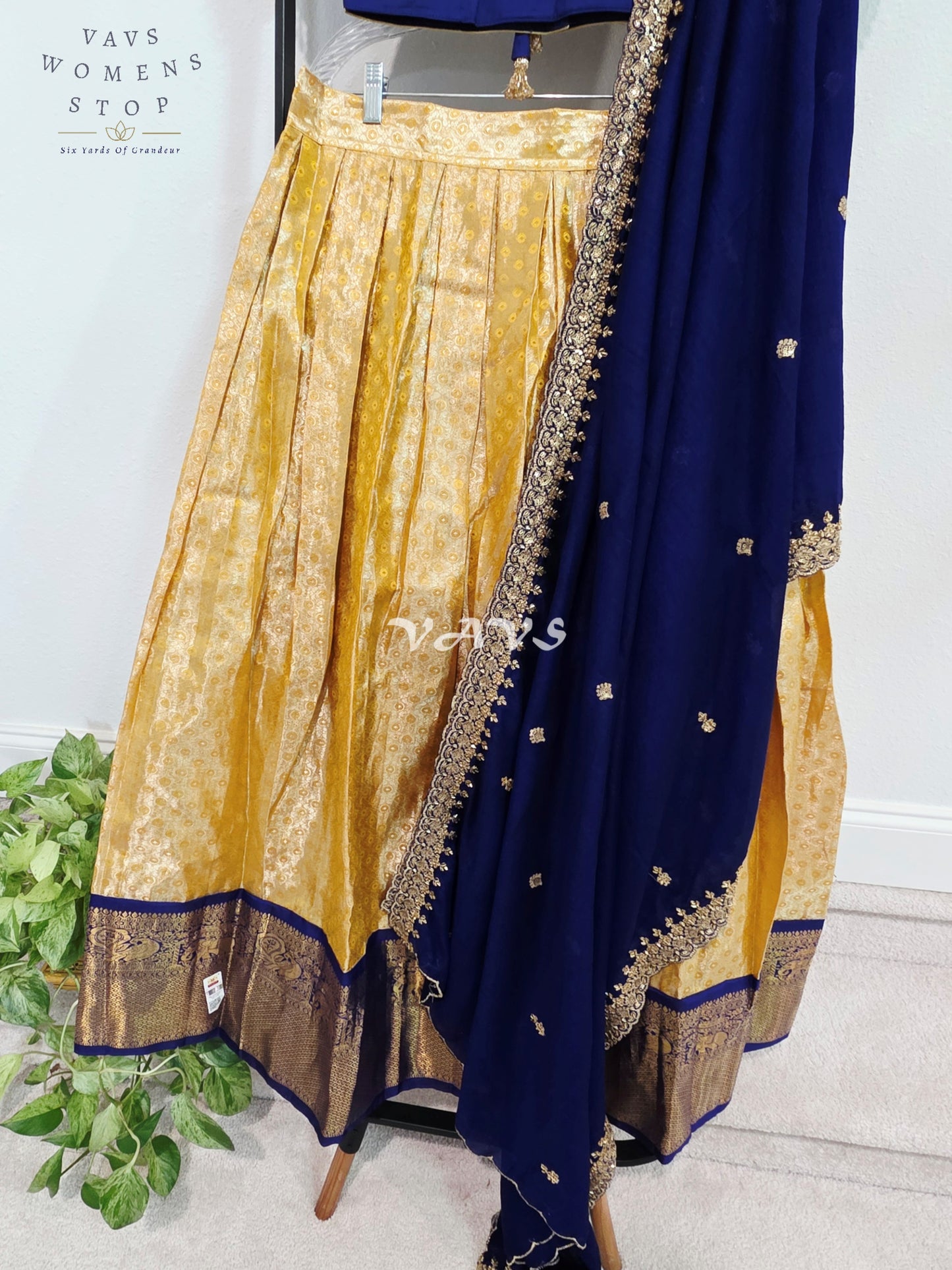 Royal Sunshine Yellow Pure Kanchi Pattu Half Saree Lehenga Set with Sapphire Blue Chinon Silk Dupatta