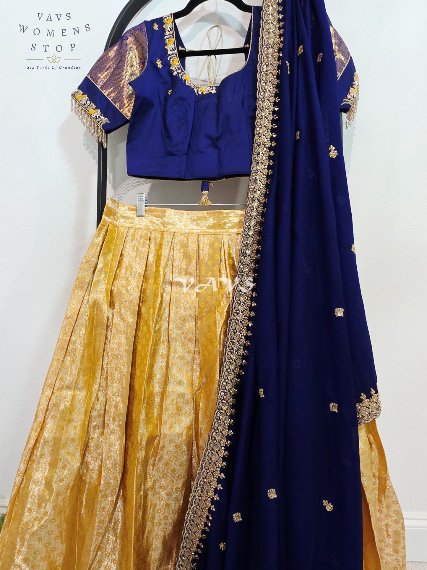 Royal Sunshine Yellow Pure Kanchi Pattu Half Saree Lehenga Set with Sapphire Blue Chinon Silk Dupatta