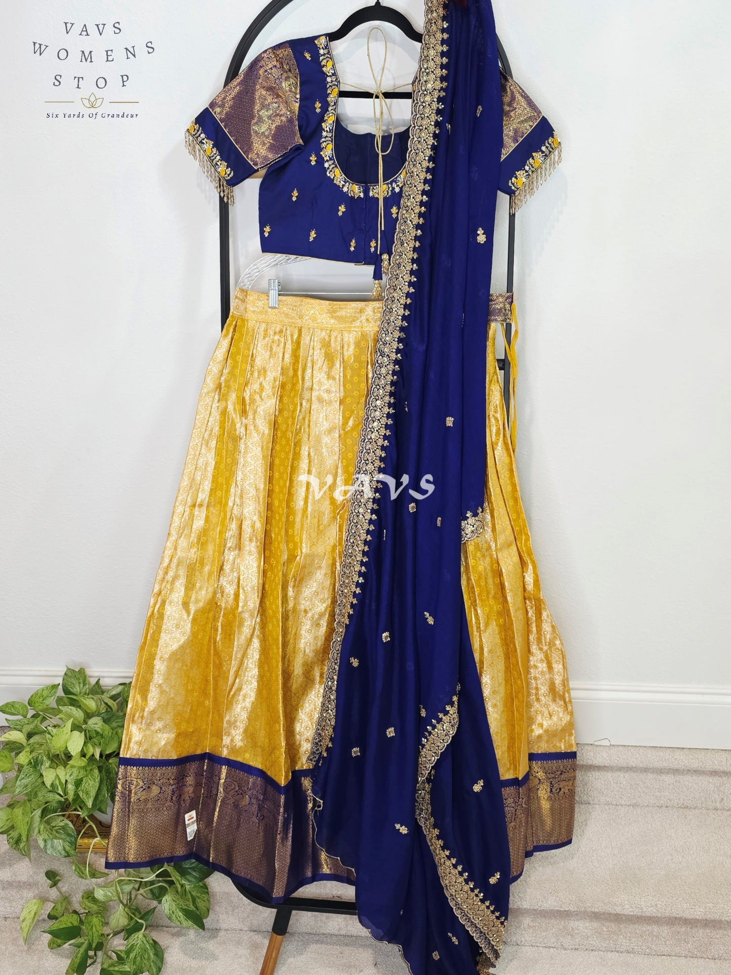 Royal Sunshine Yellow Pure Kanchi Pattu Half Saree Lehenga Set with Sapphire Blue Chinon Silk Dupatta