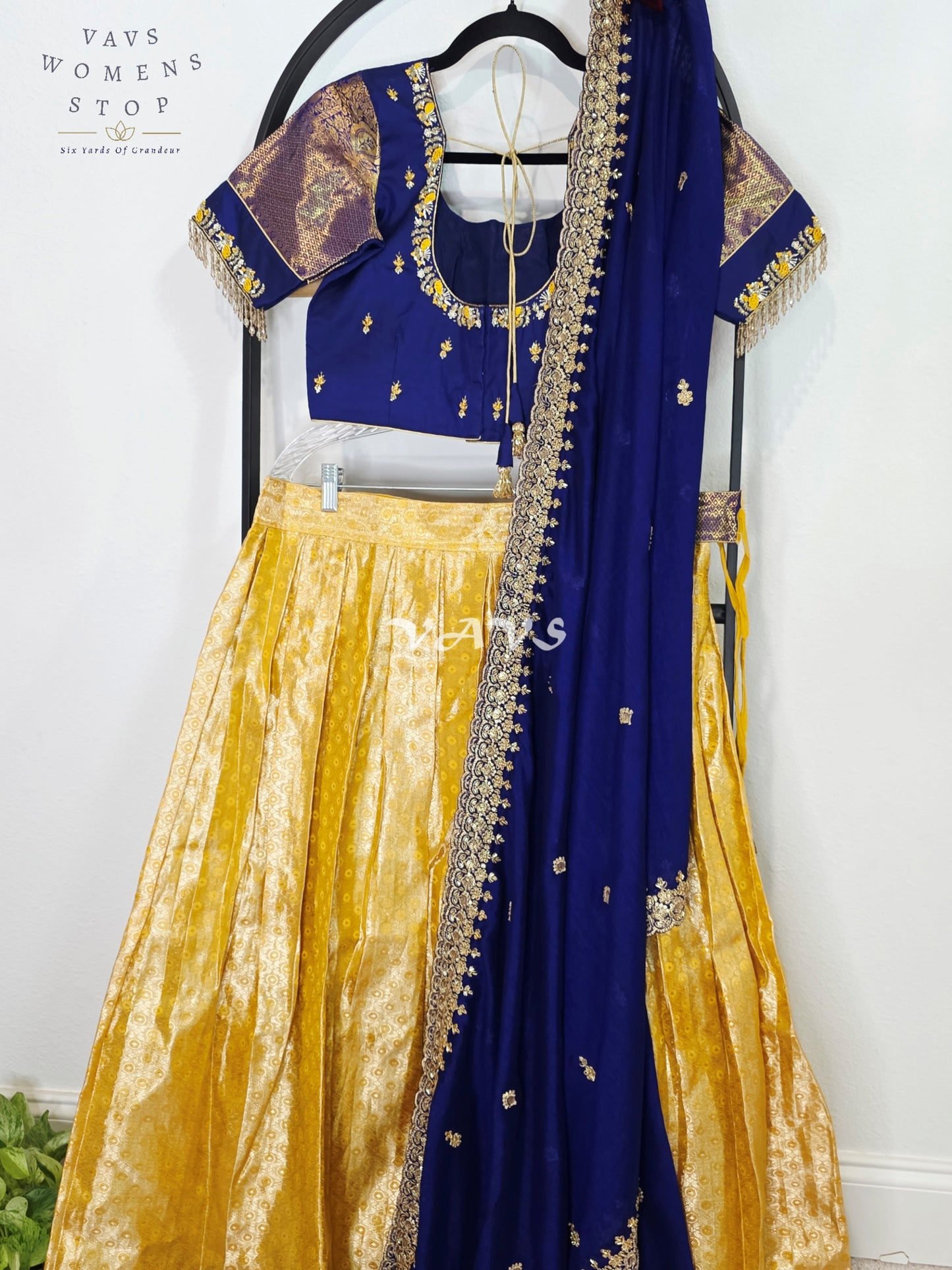 Royal Sunshine Yellow Pure Kanchi Pattu Half Saree Lehenga Set with Sapphire Blue Chinon Silk Dupatta