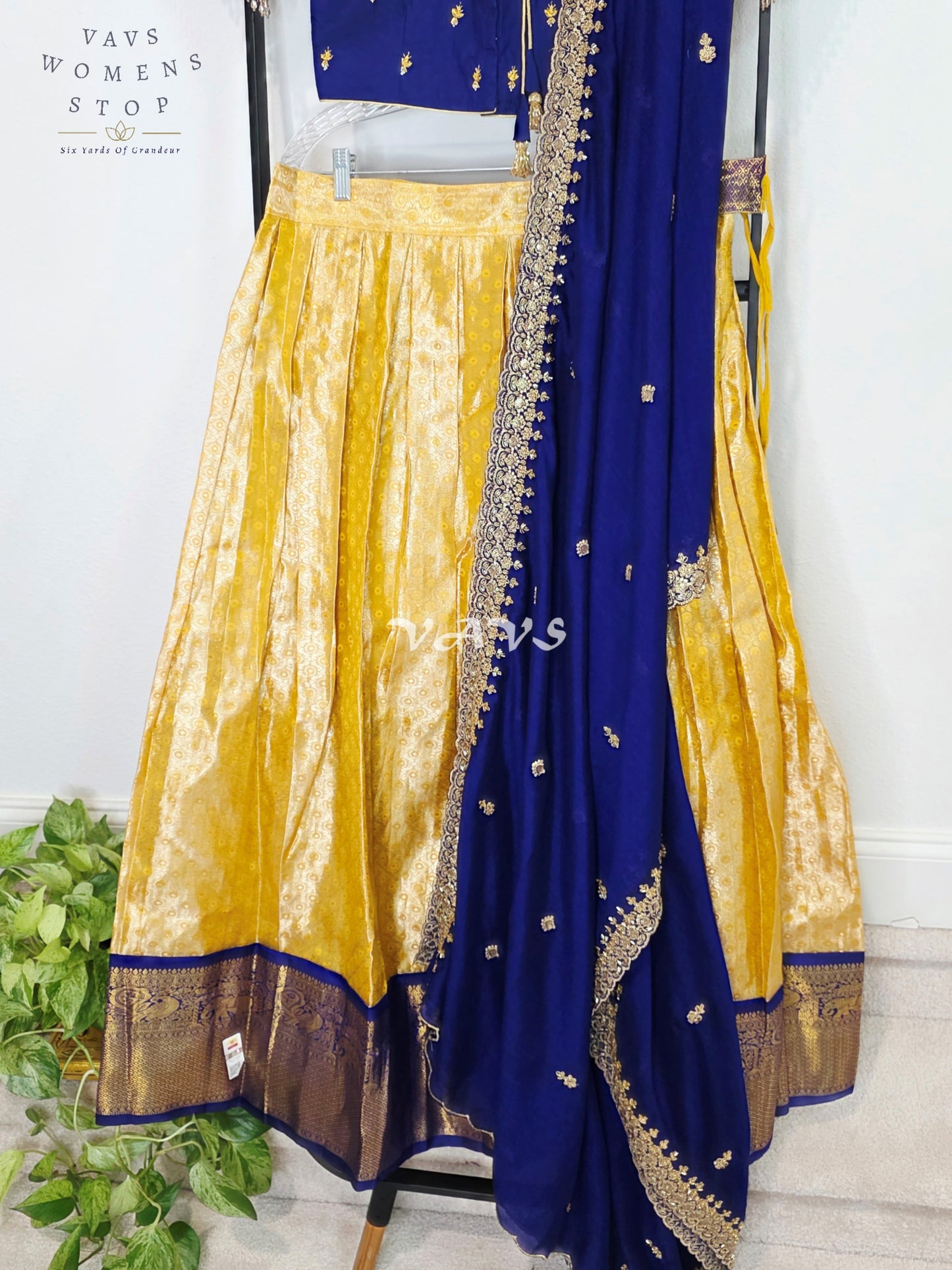 Royal Sunshine Yellow Pure Kanchi Pattu Half Saree Lehenga Set with Sapphire Blue Chinon Silk Dupatta