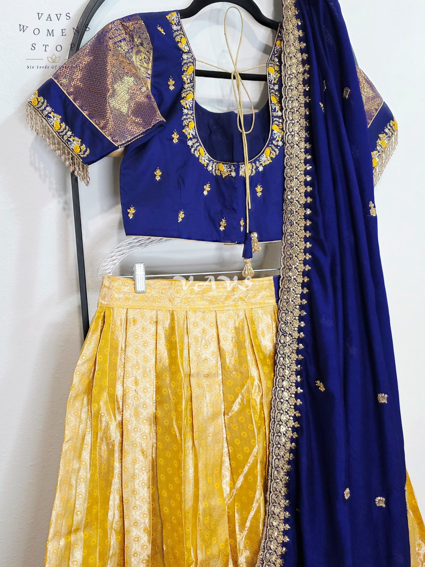 Royal Sunshine Yellow Pure Kanchi Pattu Half Saree Lehenga Set with Sapphire Blue Chinon Silk Dupatta