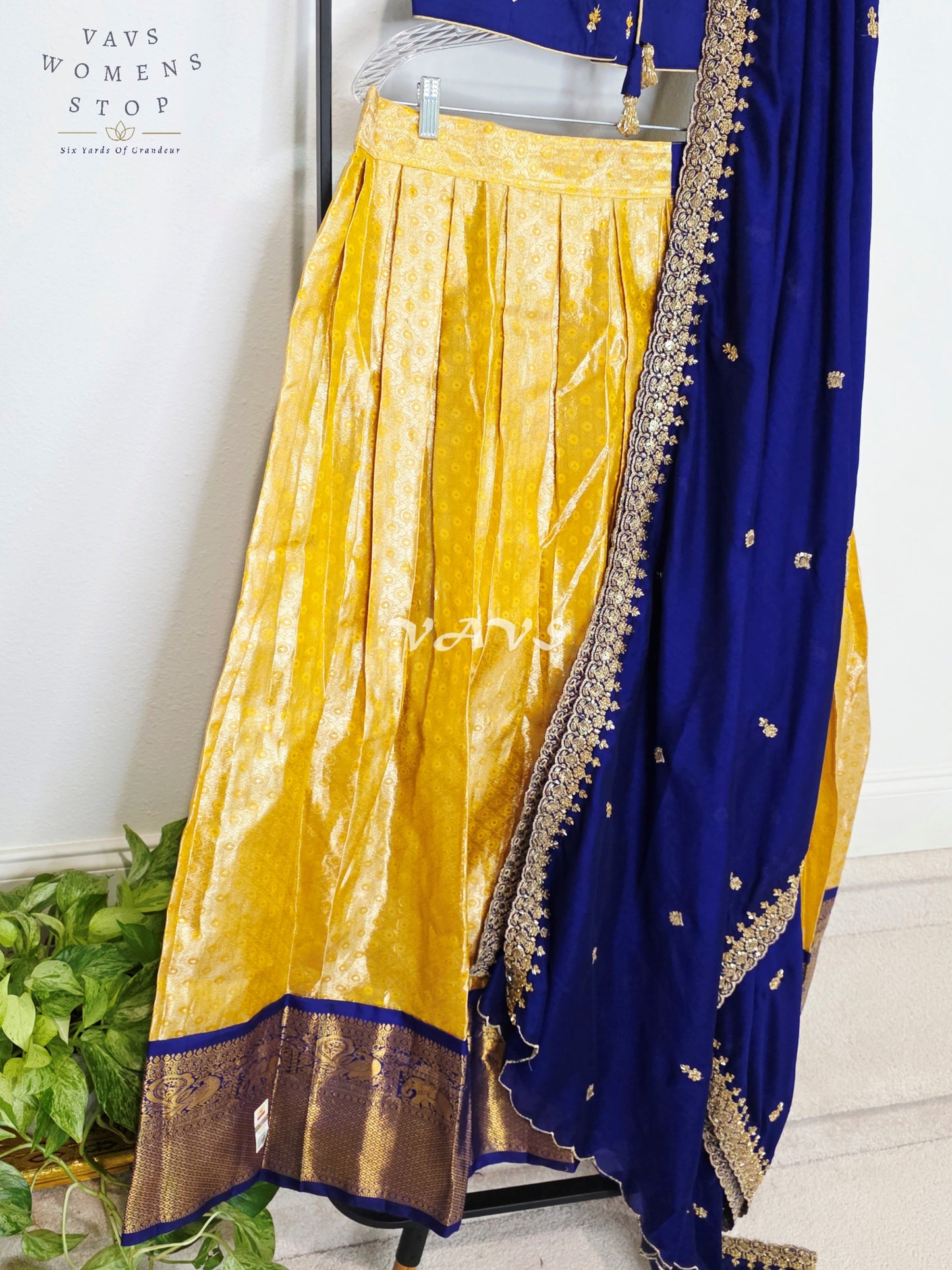 Royal Sunshine Yellow Pure Kanchi Pattu Half Saree Lehenga Set with Sapphire Blue Chinon Silk Dupatta
