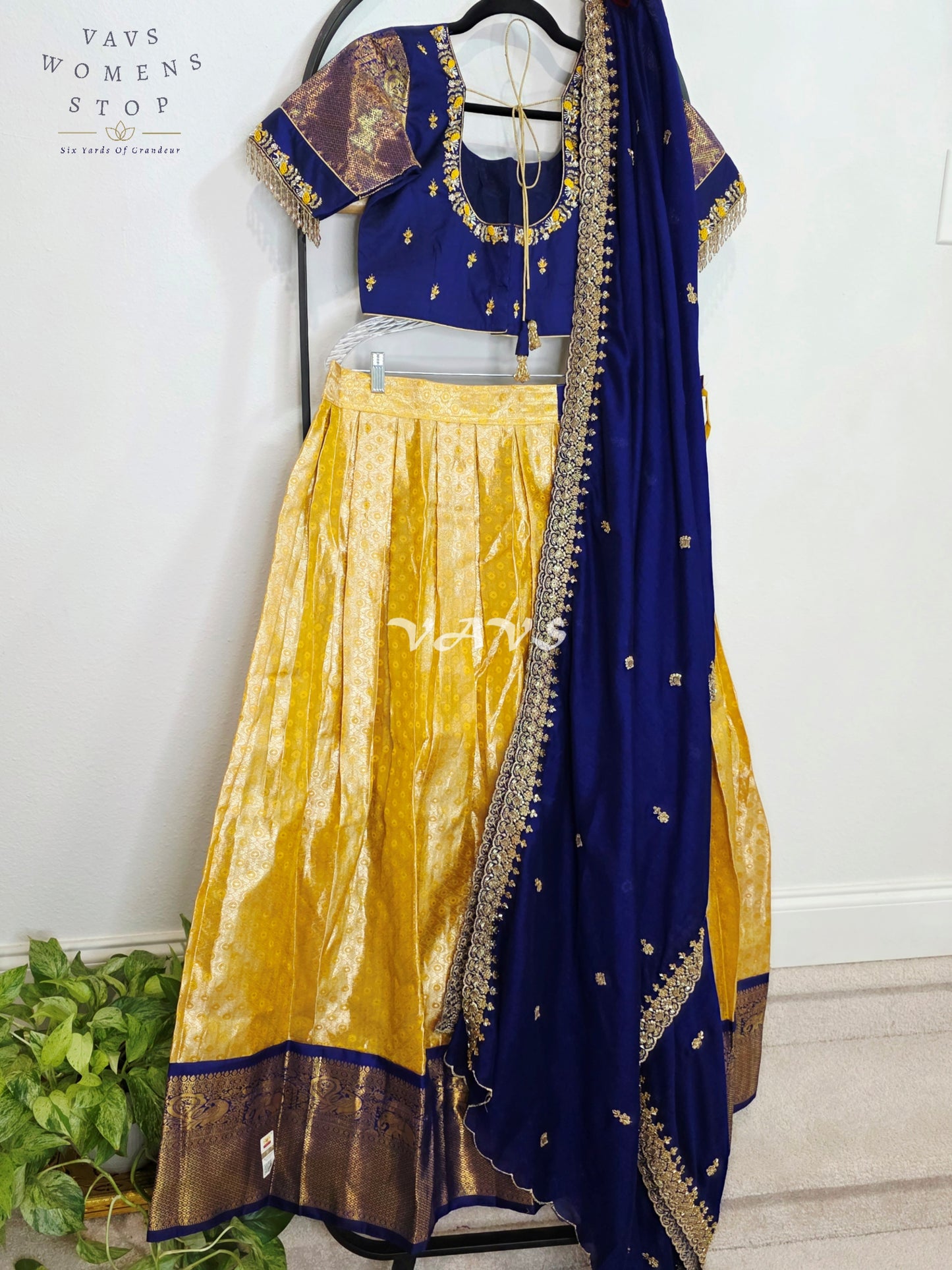 Royal Sunshine Yellow Pure Kanchi Pattu Half Saree Lehenga Set with Sapphire Blue Chinon Silk Dupatta
