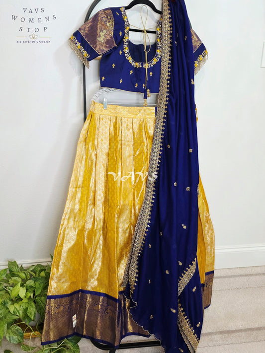 Royal Sunshine Yellow Pure Kanchi Pattu Half Saree Lehenga Set with Sapphire Blue Chinon Silk Dupatta
