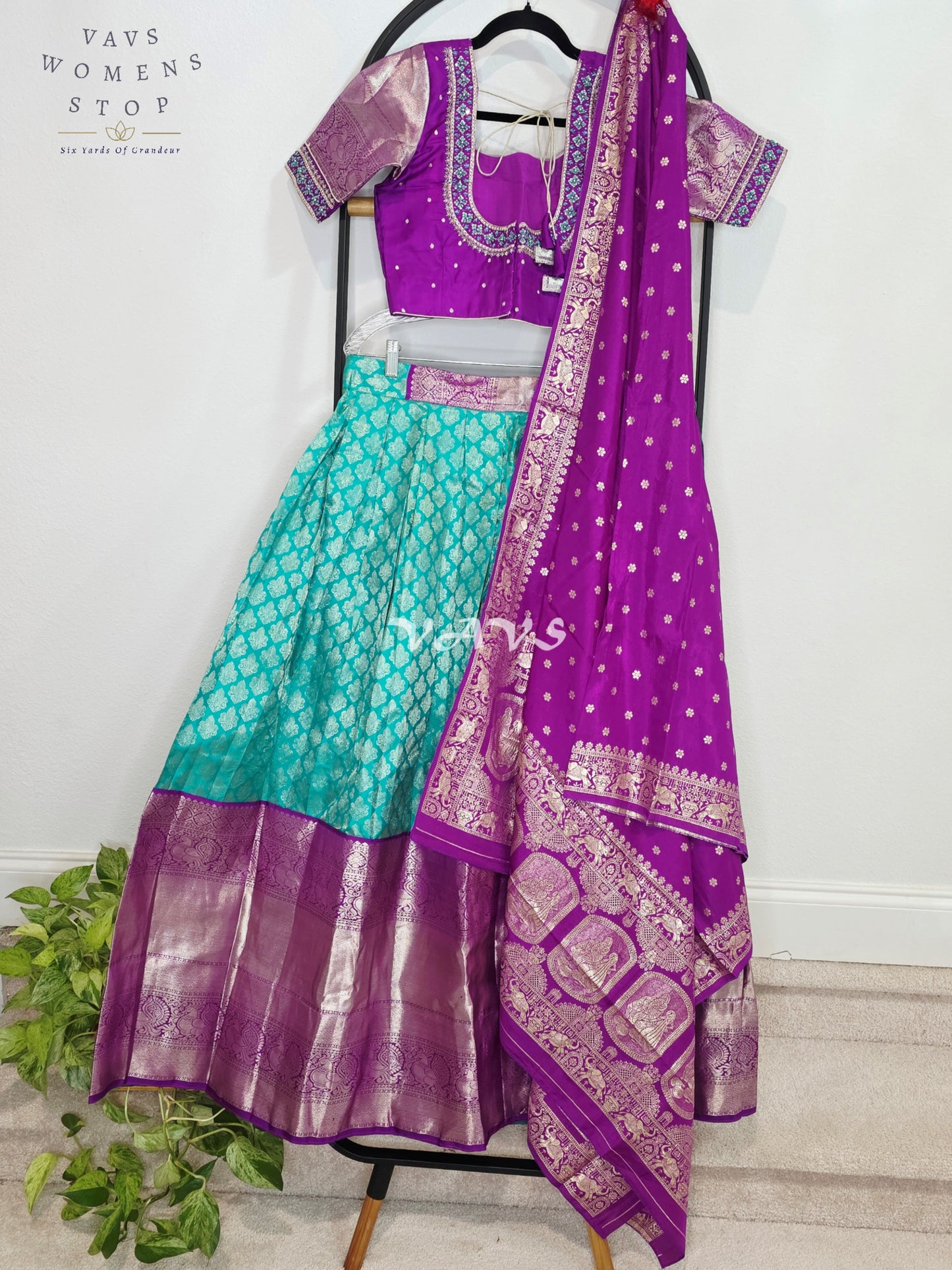 Royal Aqua Turquoise Pure Kanchi Pattu Half Saree Lehenga Set with Amethyst Purple Munga Banarasi Silk Dupatta
