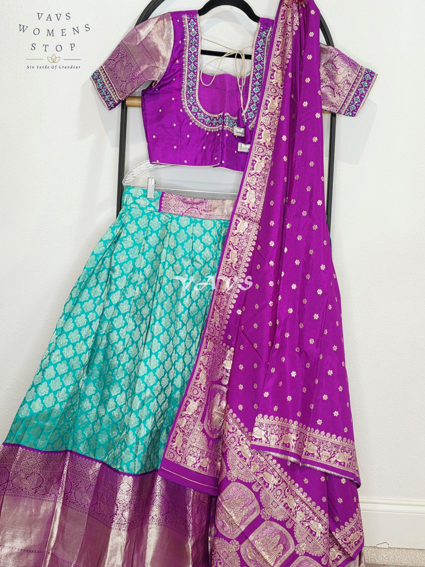 Royal Aqua Turquoise Pure Kanchi Pattu Half Saree Lehenga Set with Amethyst Purple Munga Banarasi Silk Dupatta
