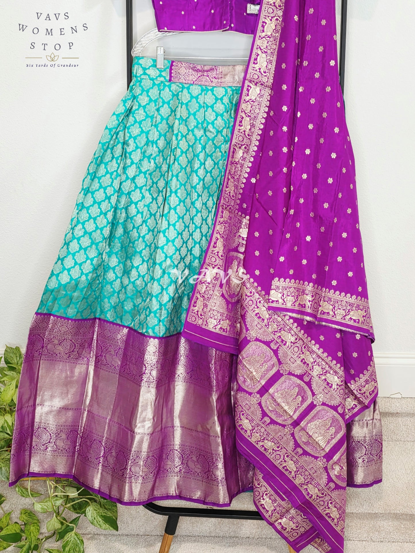Royal Aqua Turquoise Pure Kanchi Pattu Half Saree Lehenga Set with Amethyst Purple Munga Banarasi Silk Dupatta