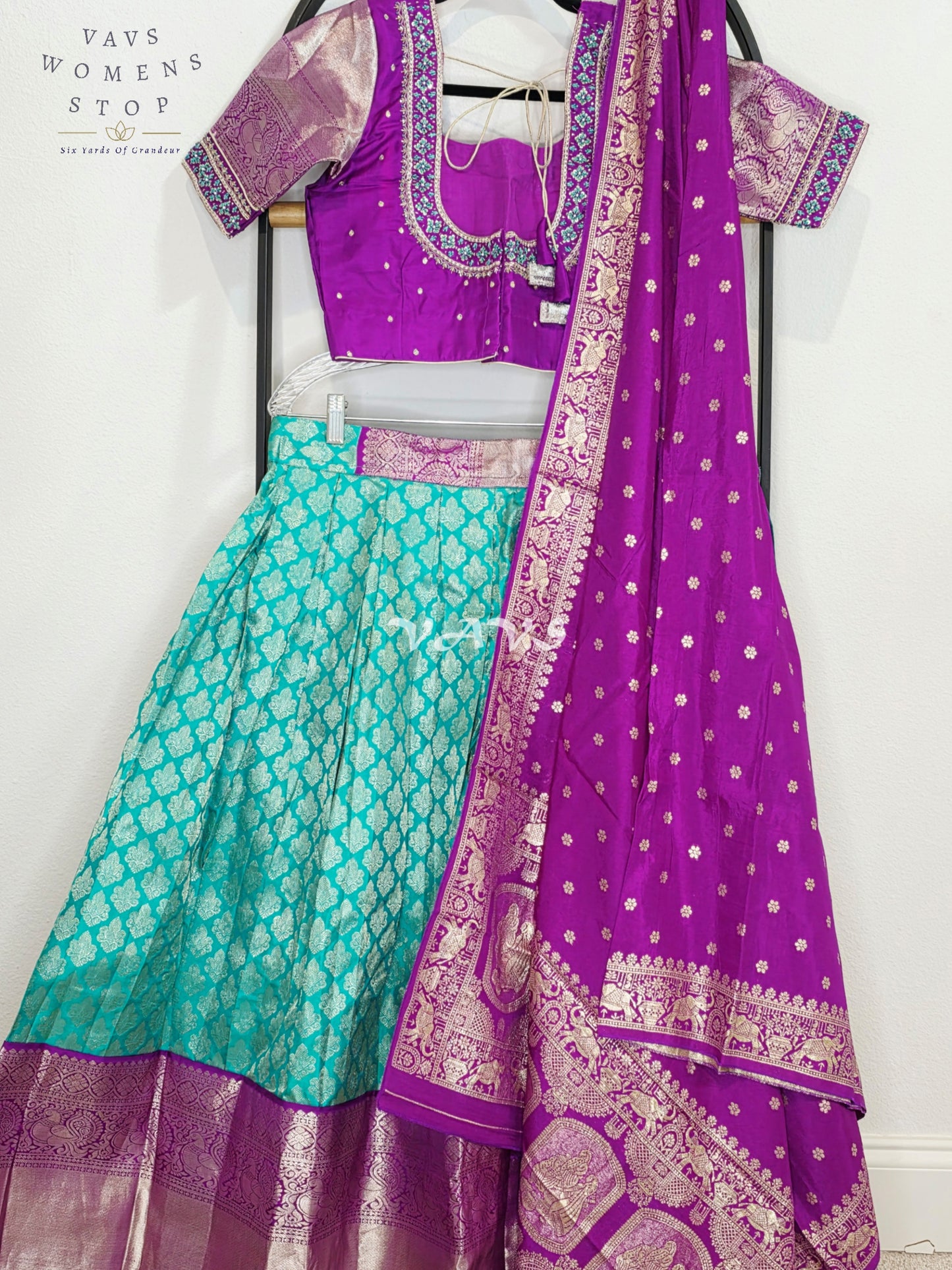 Royal Aqua Turquoise Pure Kanchi Pattu Half Saree Lehenga Set with Amethyst Purple Munga Banarasi Silk Dupatta