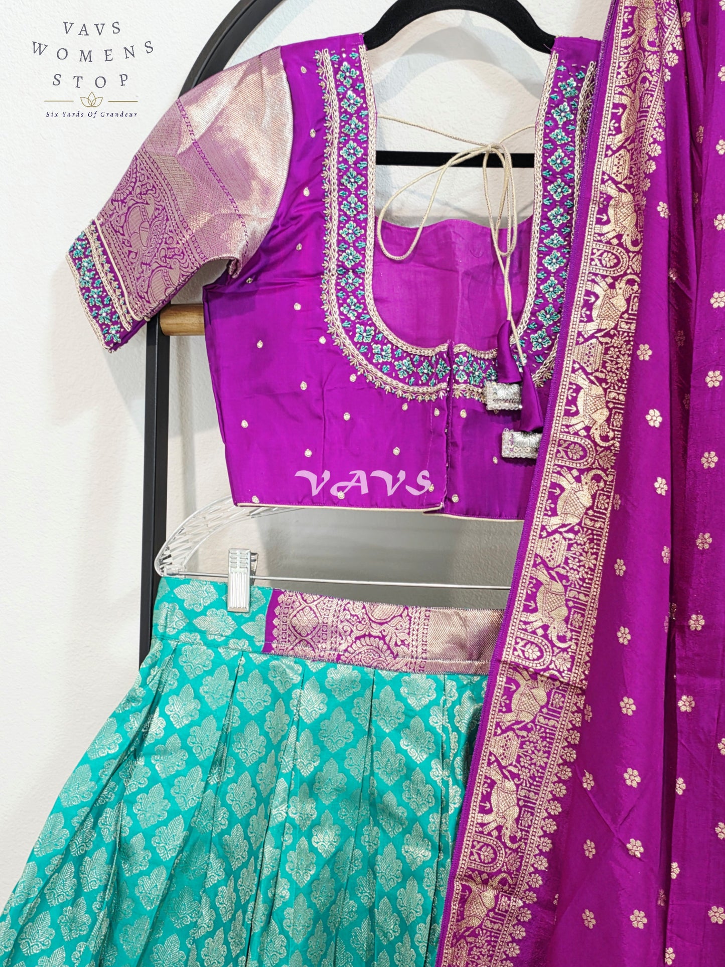 Royal Aqua Turquoise Pure Kanchi Pattu Half Saree Lehenga Set with Amethyst Purple Munga Banarasi Silk Dupatta