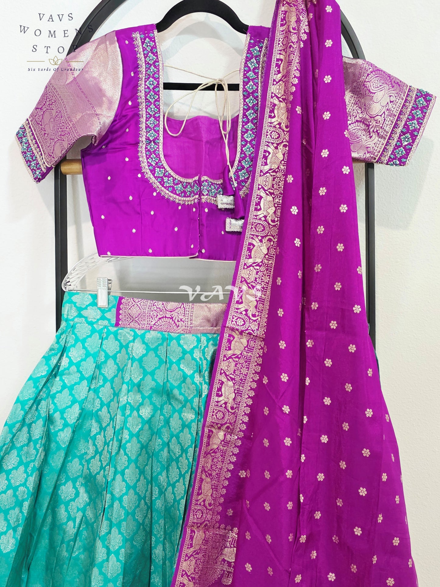 Royal Aqua Turquoise Pure Kanchi Pattu Half Saree Lehenga Set with Amethyst Purple Munga Banarasi Silk Dupatta