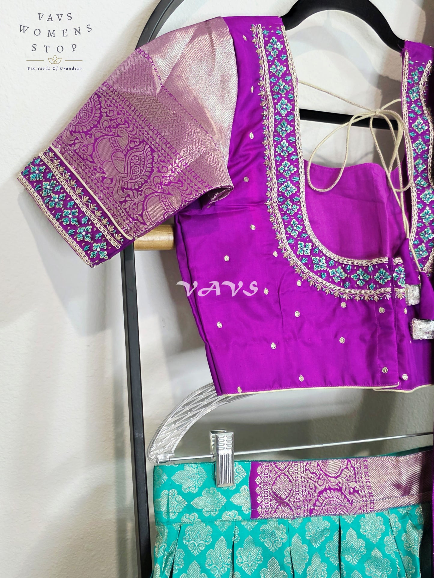Royal Aqua Turquoise Pure Kanchi Pattu Half Saree Lehenga Set with Amethyst Purple Munga Banarasi Silk Dupatta