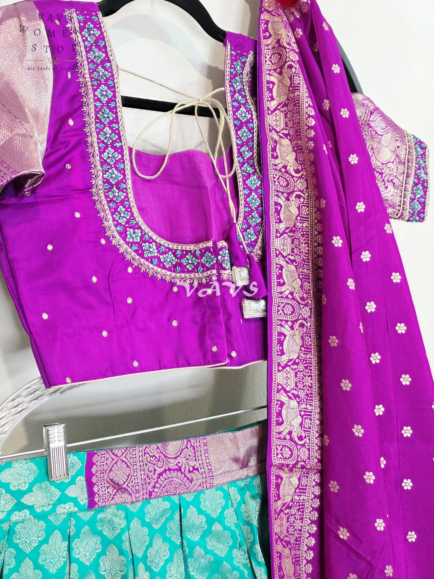 Royal Aqua Turquoise Pure Kanchi Pattu Half Saree Lehenga Set with Amethyst Purple Munga Banarasi Silk Dupatta