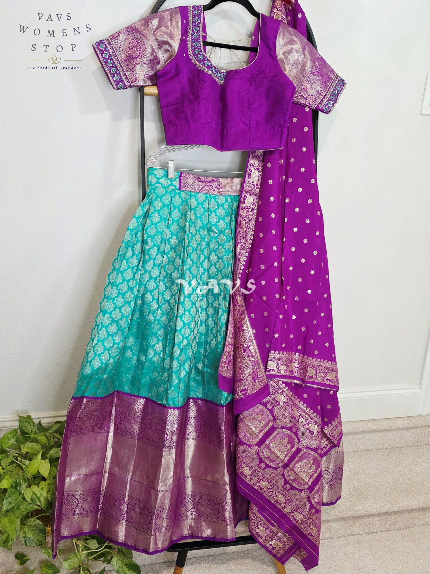 Royal Aqua Turquoise Pure Kanchi Pattu Half Saree Lehenga Set with Amethyst Purple Munga Banarasi Silk Dupatta