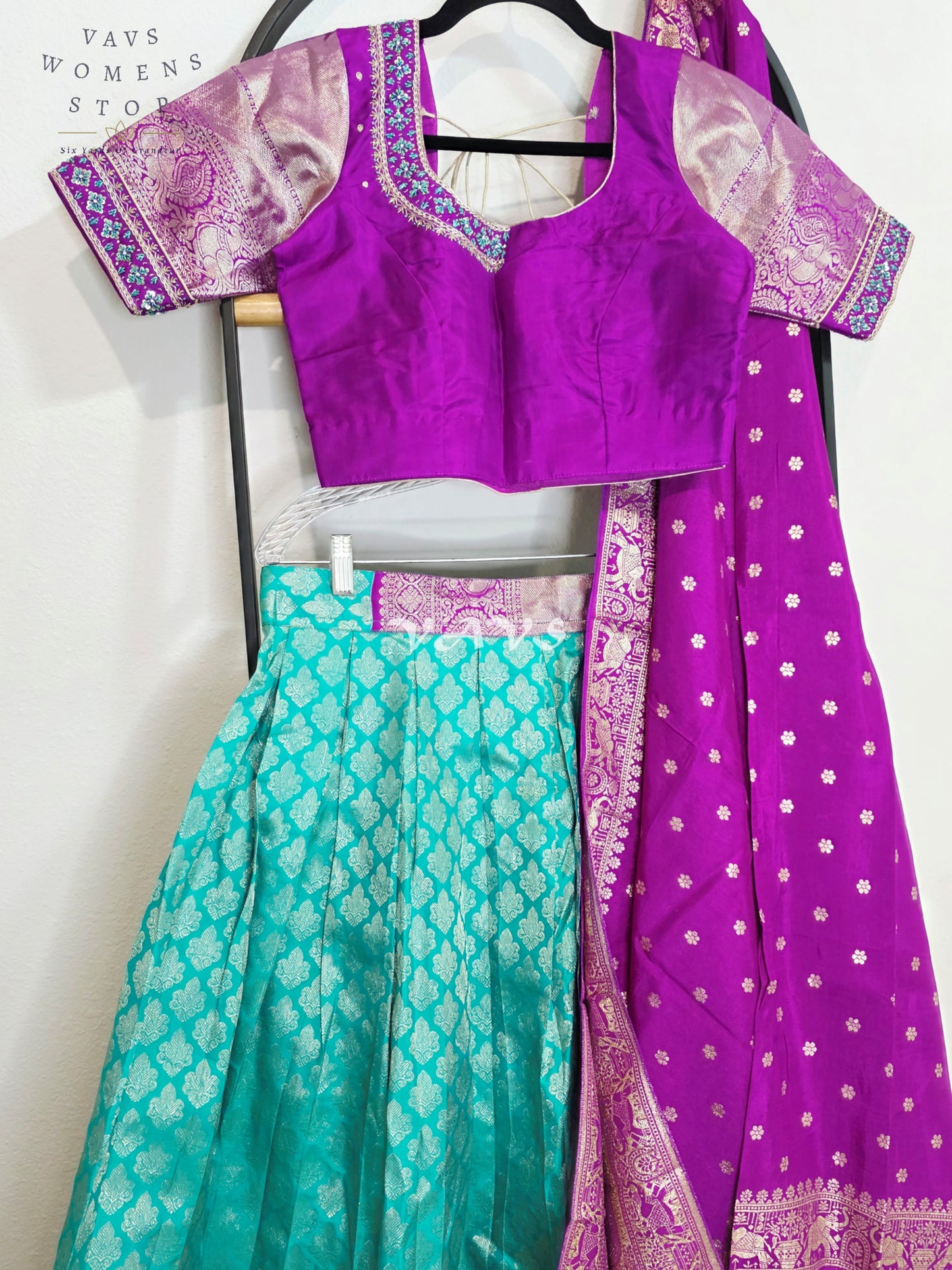 Royal Aqua Turquoise Pure Kanchi Pattu Half Saree Lehenga Set with Amethyst Purple Munga Banarasi Silk Dupatta