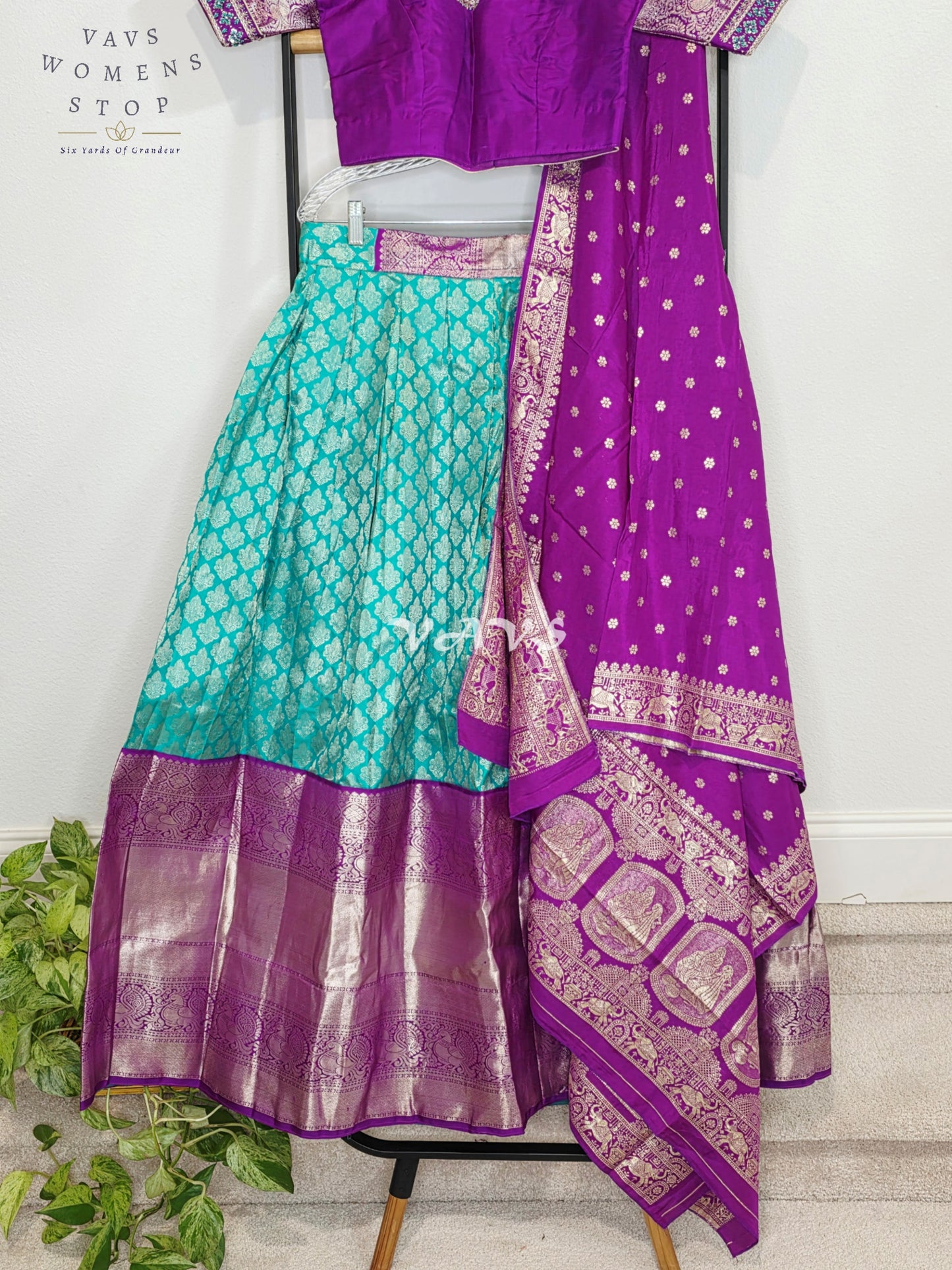 Royal Aqua Turquoise Pure Kanchi Pattu Half Saree Lehenga Set with Amethyst Purple Munga Banarasi Silk Dupatta