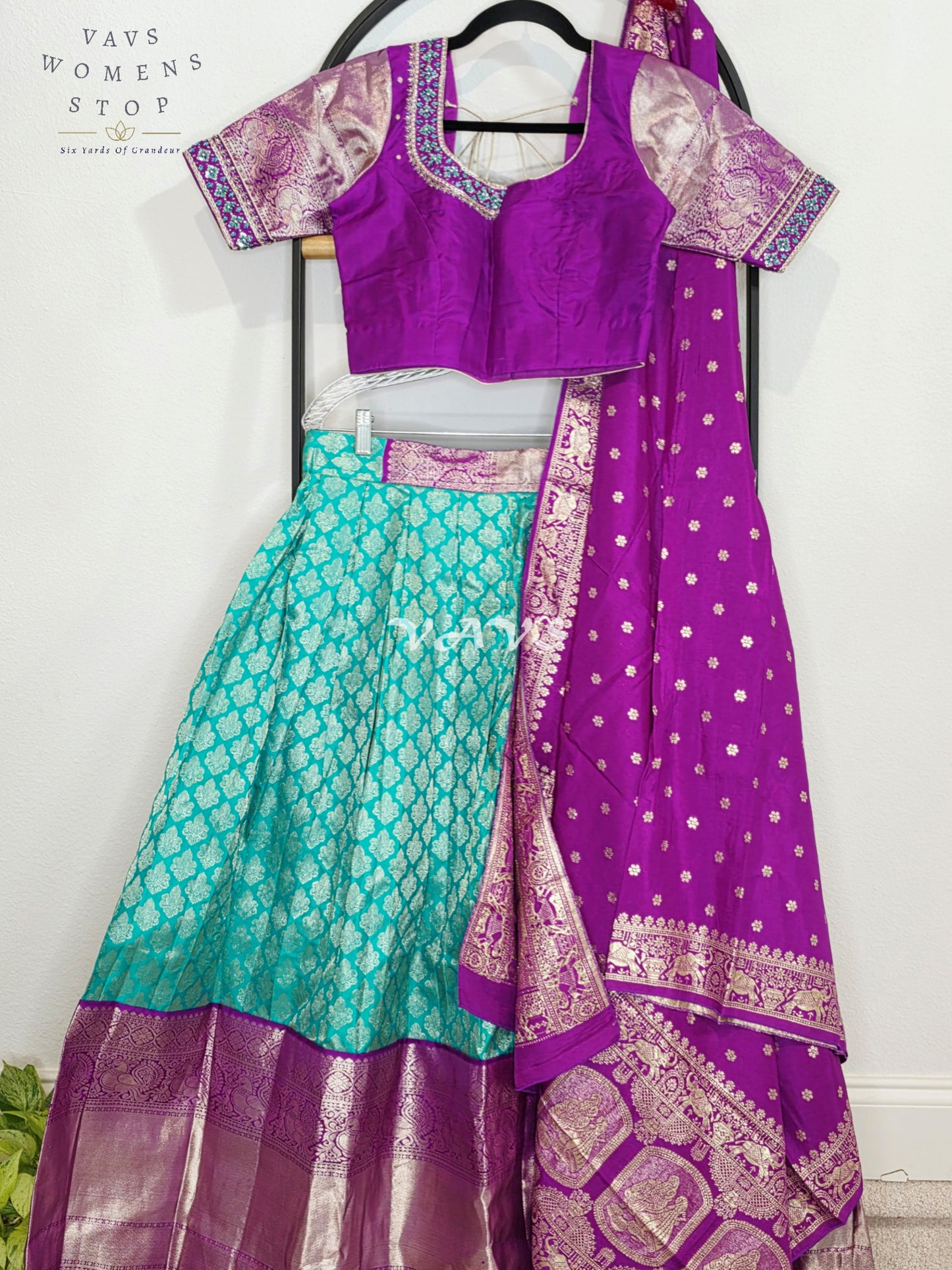Royal Aqua Turquoise Pure Kanchi Pattu Half Saree Lehenga Set with Amethyst Purple Munga Banarasi Silk Dupatta