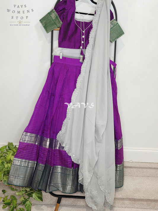 Royal Orchid Purple Mangalagiri Kanchi Border Half Saree Lehenga Set with Silver Grey Chinon Chiffon Dupatta