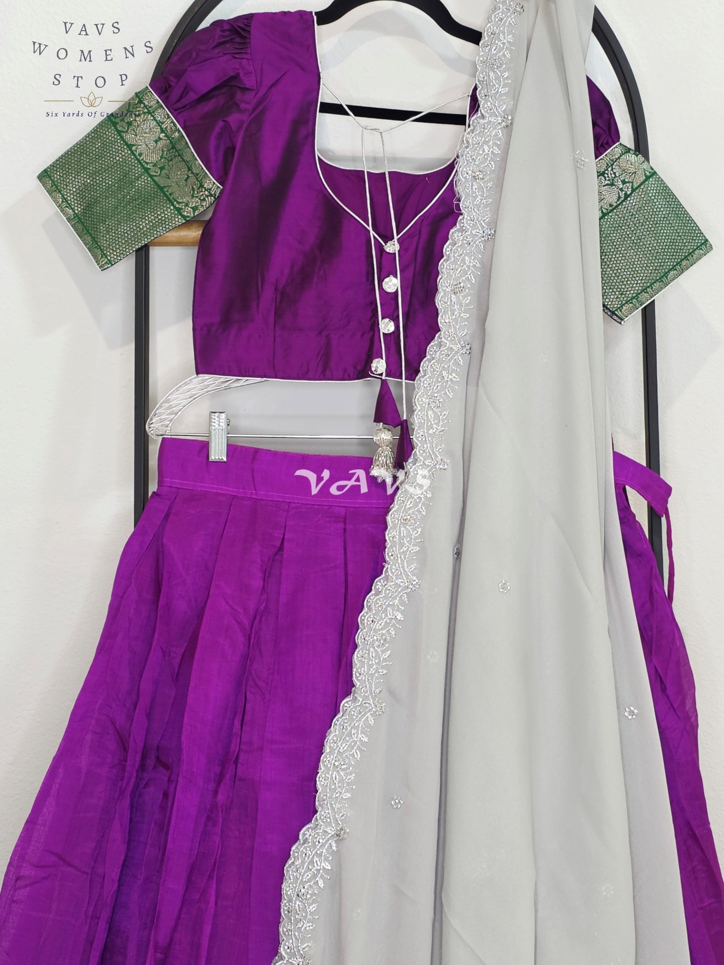 Royal Orchid Purple Mangalagiri Kanchi Border Half Saree Lehenga Set with Silver Grey Chinon Chiffon Dupatta