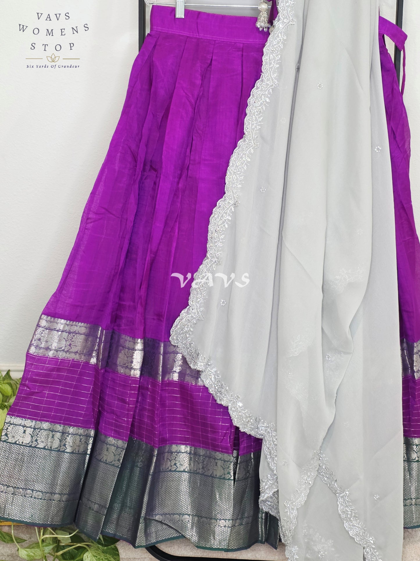 Royal Orchid Purple Mangalagiri Kanchi Border Half Saree Lehenga Set with Silver Grey Chinon Chiffon Dupatta