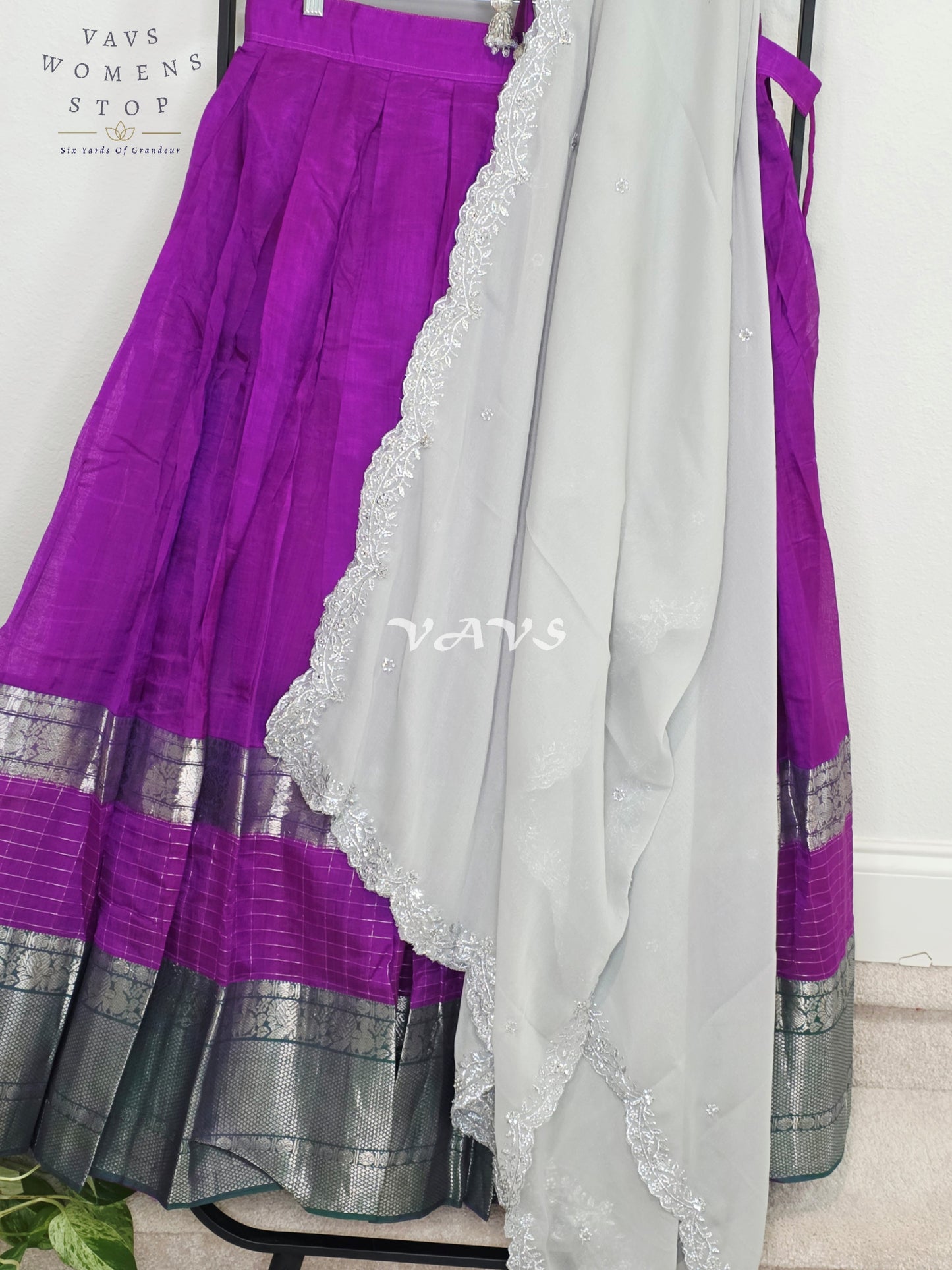 Royal Orchid Purple Mangalagiri Kanchi Border Half Saree Lehenga Set with Silver Grey Chinon Chiffon Dupatta