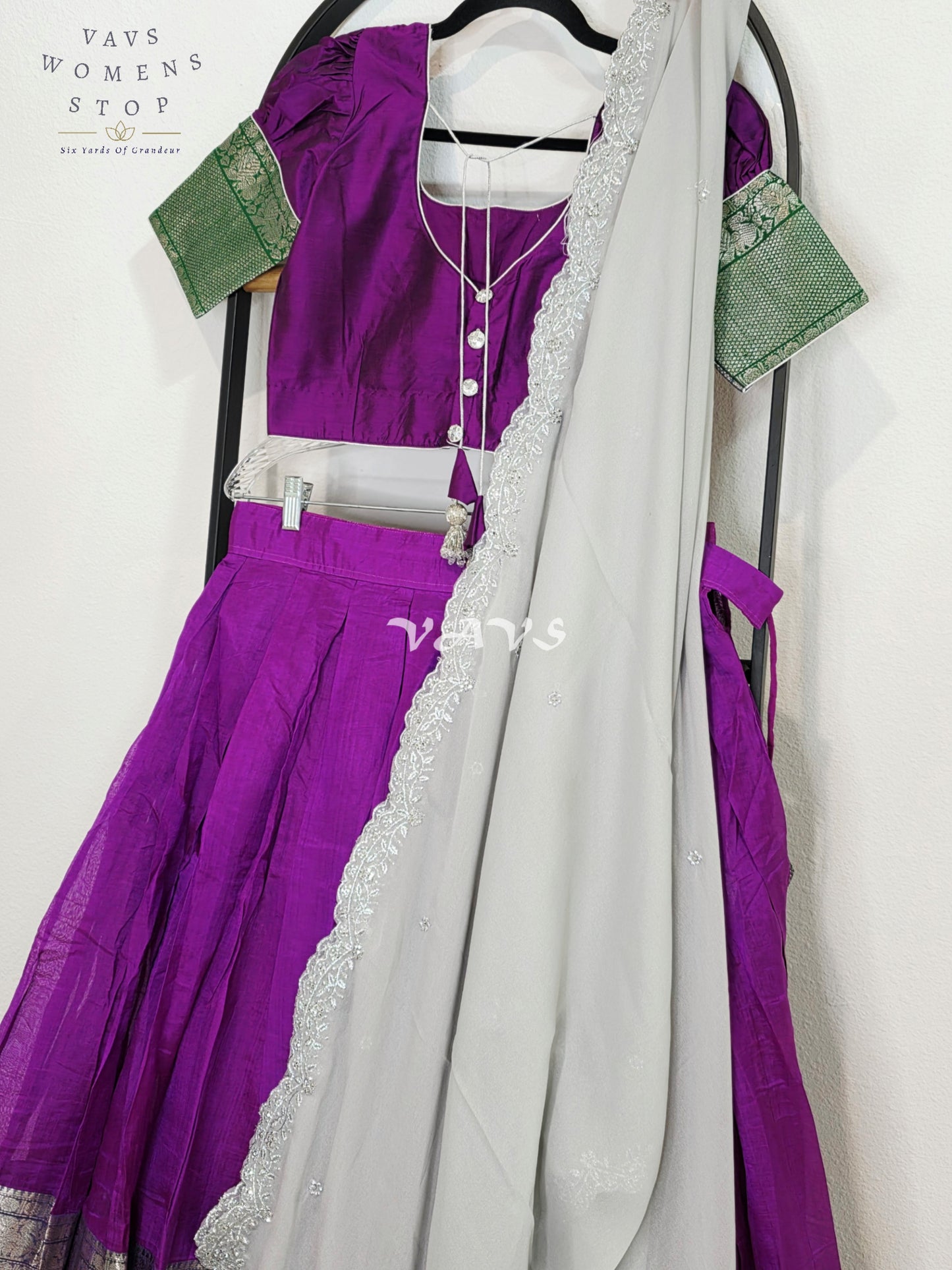 Royal Orchid Purple Mangalagiri Kanchi Border Half Saree Lehenga Set with Silver Grey Chinon Chiffon Dupatta