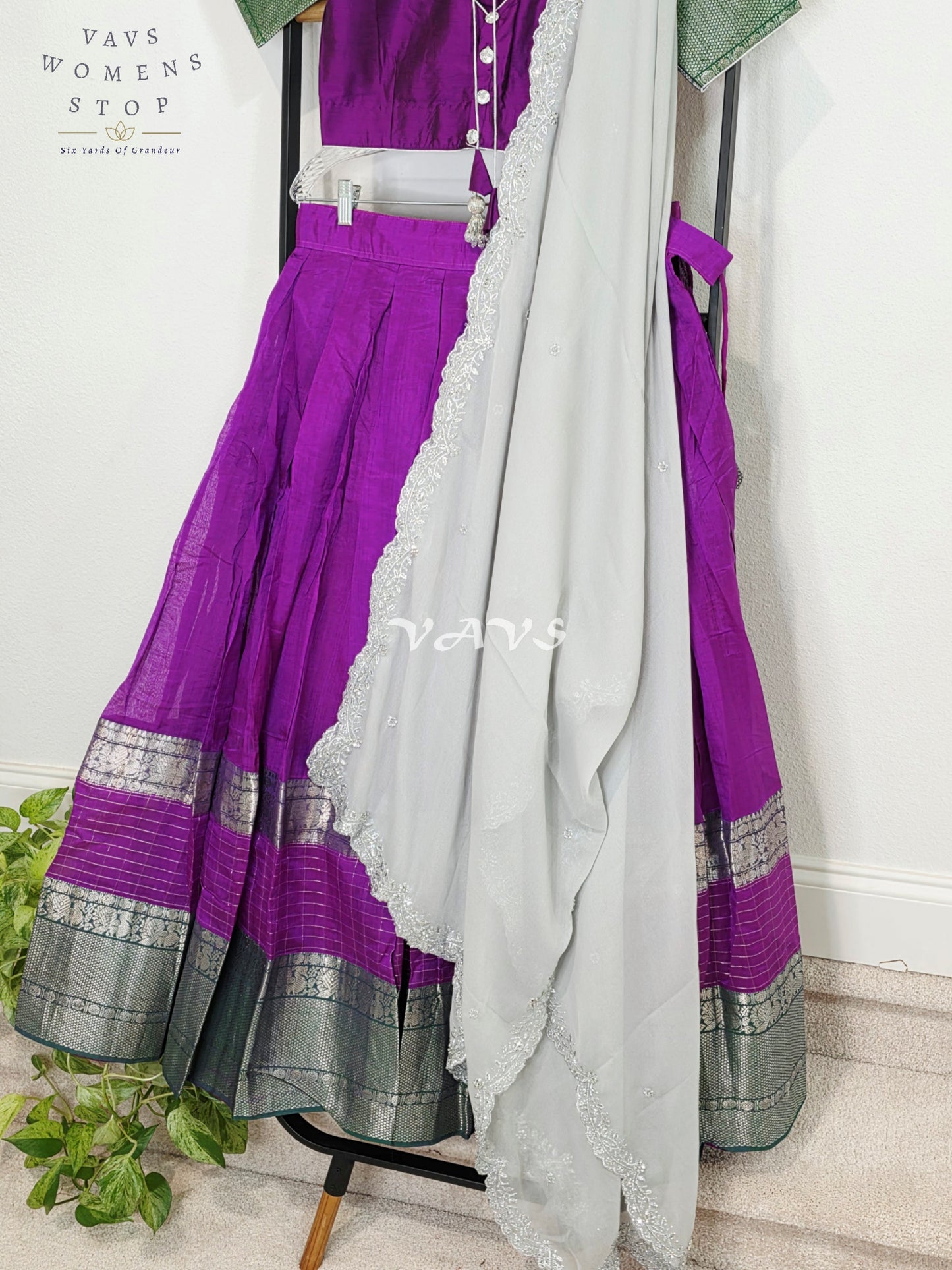 Royal Orchid Purple Mangalagiri Kanchi Border Half Saree Lehenga Set with Silver Grey Chinon Chiffon Dupatta