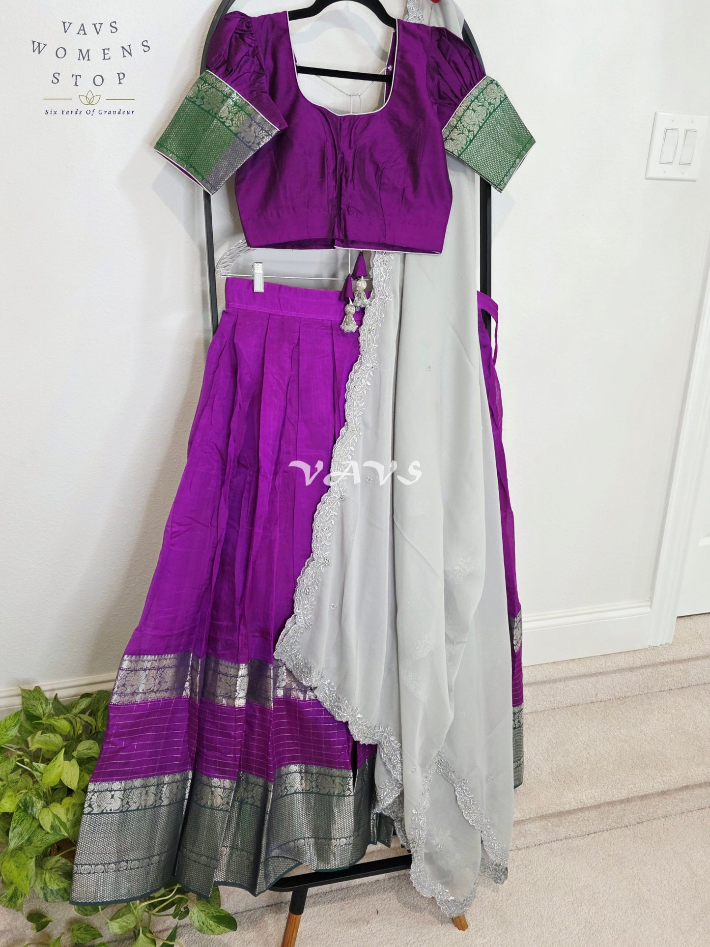 Royal Orchid Purple Mangalagiri Kanchi Border Half Saree Lehenga Set with Silver Grey Chinon Chiffon Dupatta