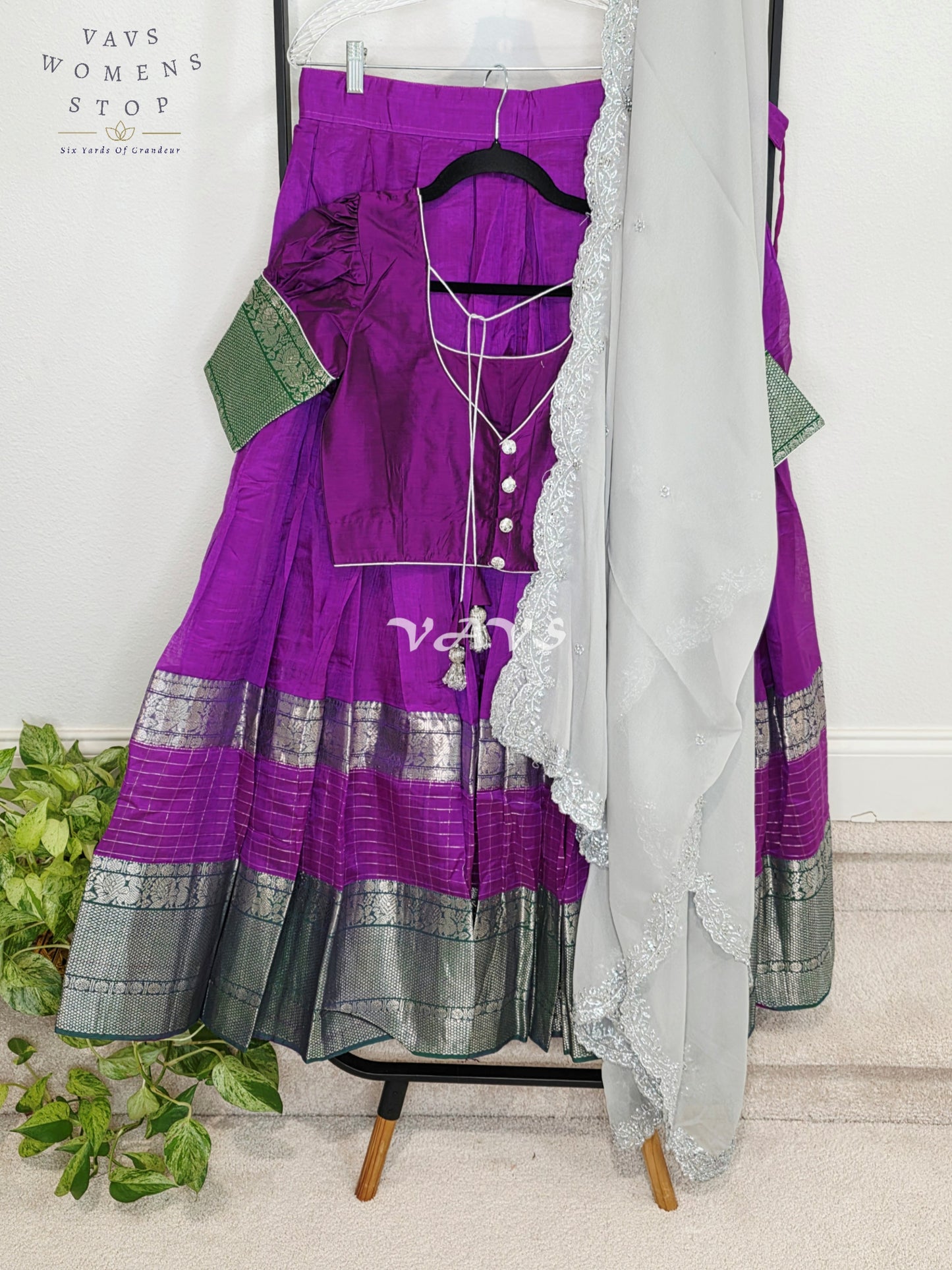 Royal Orchid Purple Mangalagiri Kanchi Border Half Saree Lehenga Set with Silver Grey Chinon Chiffon Dupatta