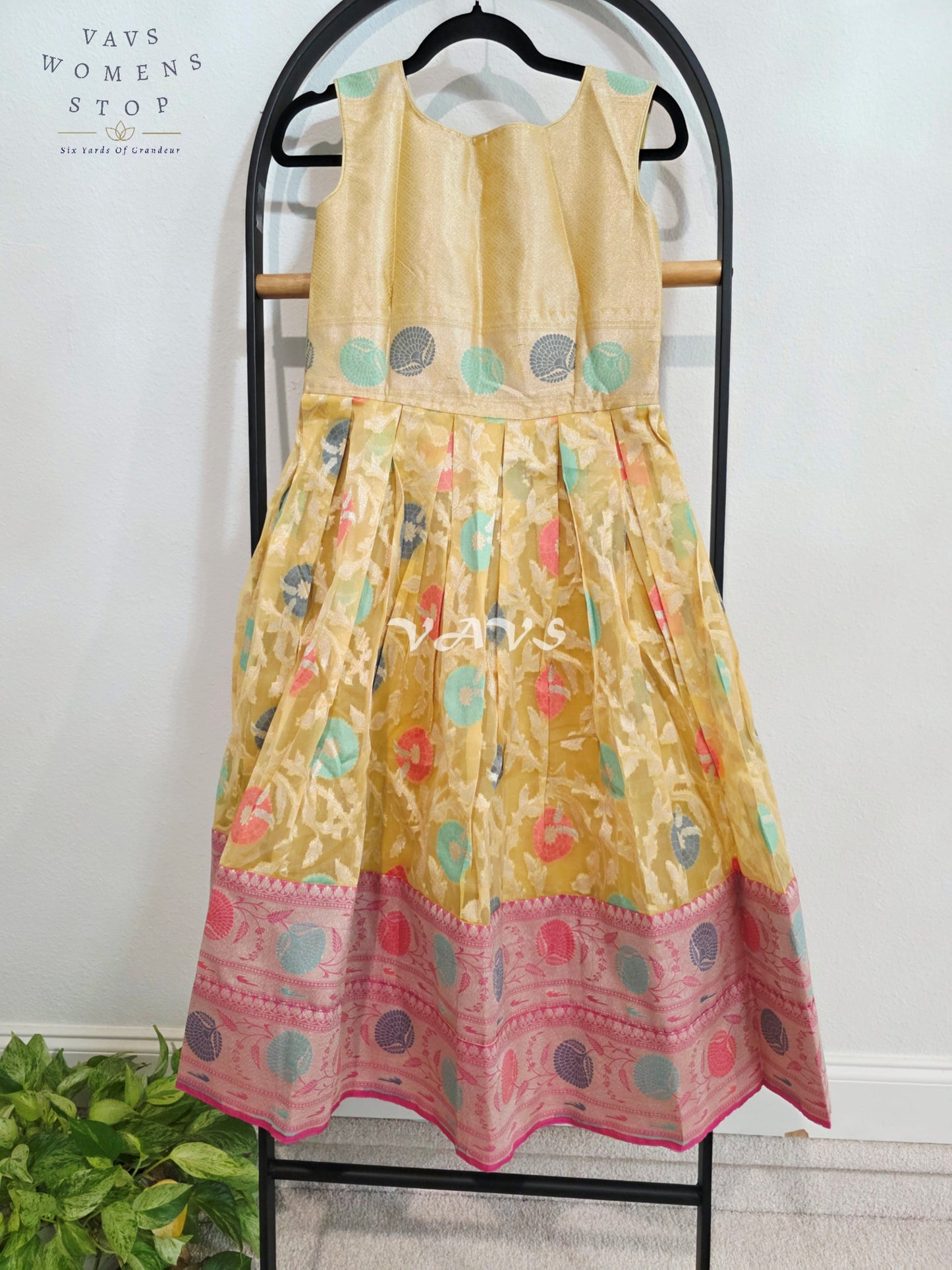 Royal Golden Marigold Designer Organza Long Frock with Rani Pink Tissue Crushed Silk Overcoat | Girls 7–8 Years