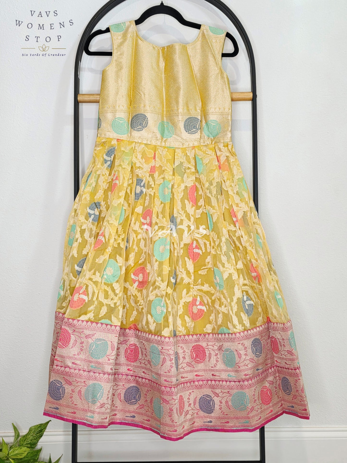 Royal Golden Marigold Designer Organza Long Frock with Rani Pink Tissue Crushed Silk Overcoat | Girls 7–8 Years