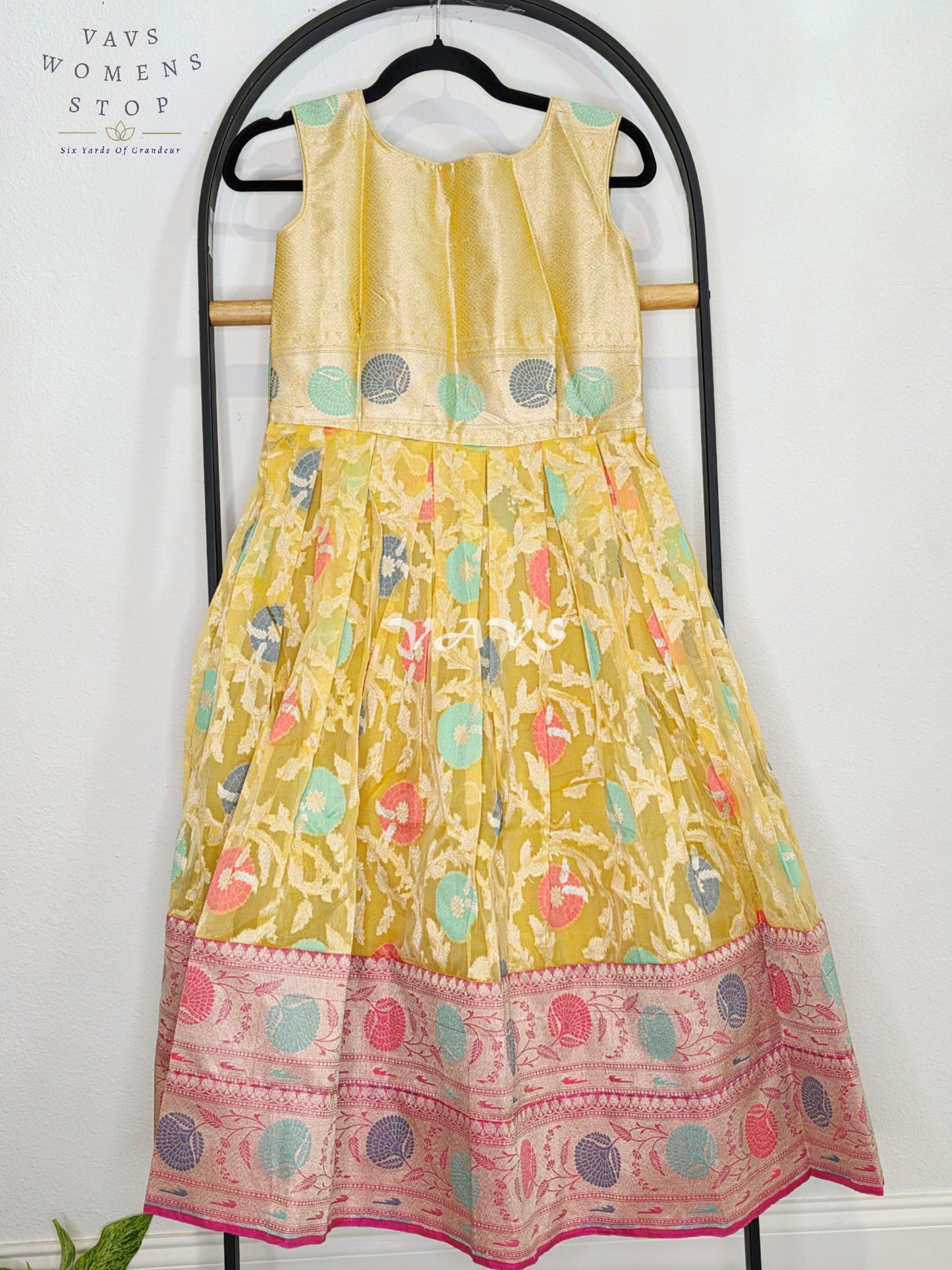Royal Golden Marigold Designer Organza Long Frock with Rani Pink Tissue Crushed Silk Overcoat | Girls 7–8 Years