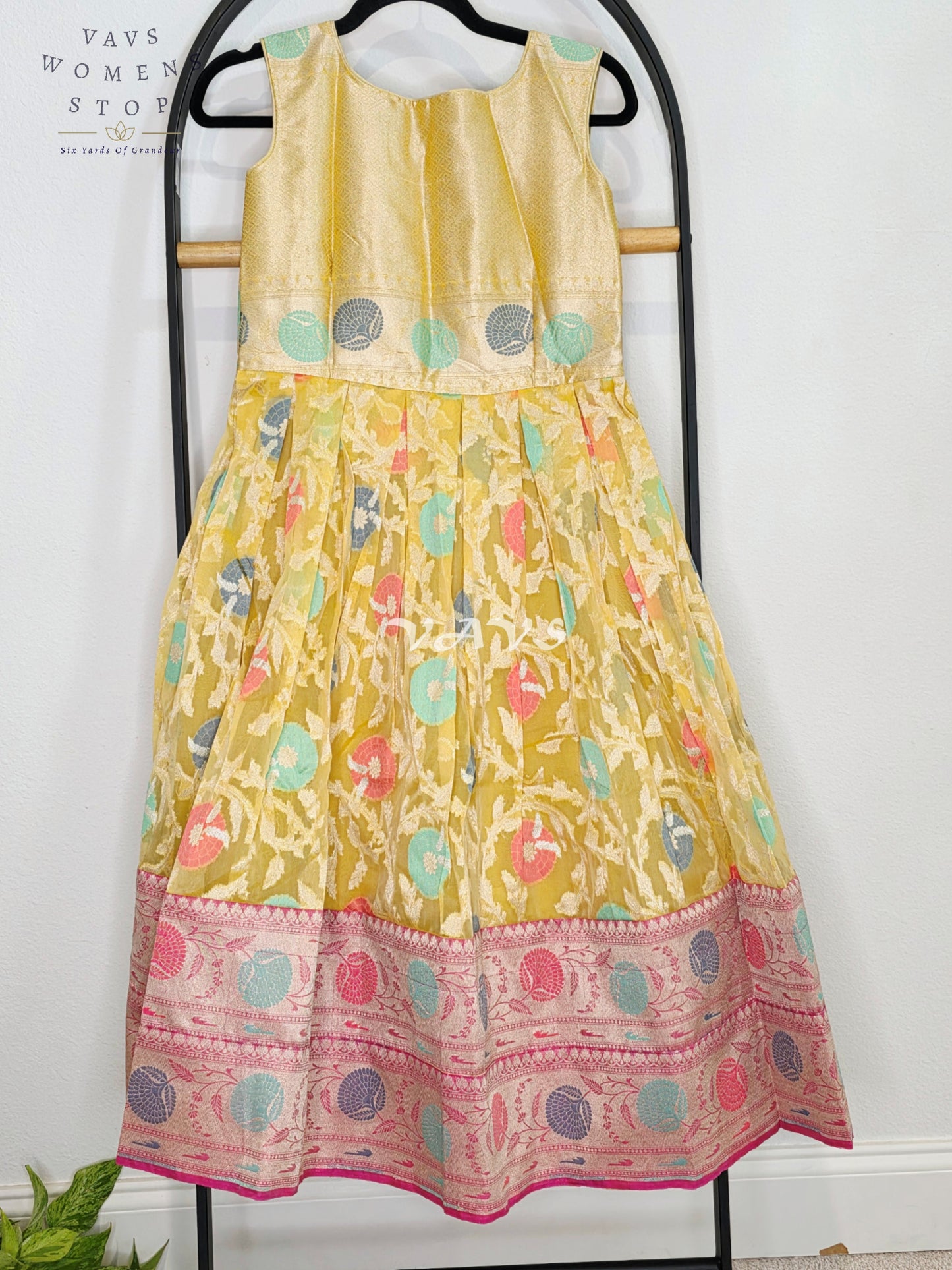 Royal Golden Marigold Designer Organza Long Frock with Rani Pink Tissue Crushed Silk Overcoat | Girls 7–8 Years